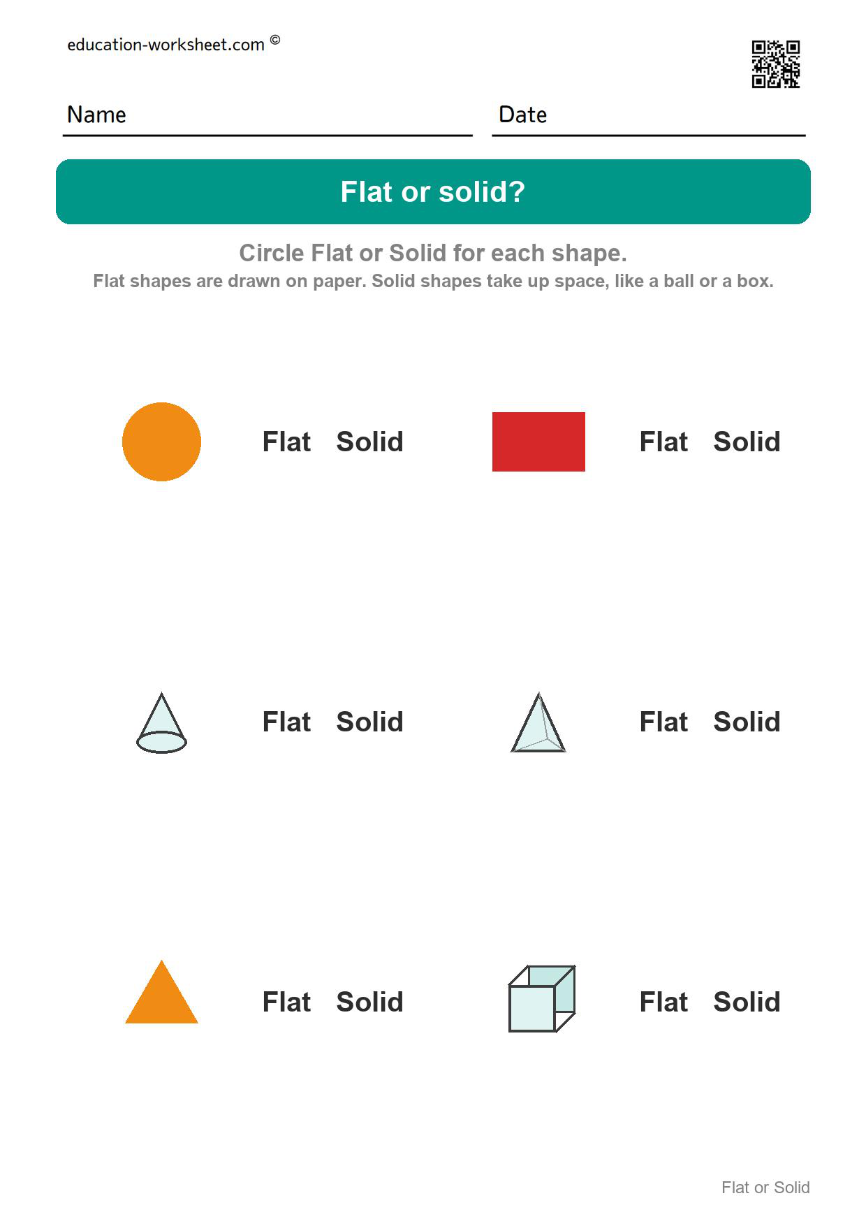 Flat or solid (Set 2) - Free Flat or Solid Shapes Worksheets for Kindergarten - 2D vs 3D Shapes
