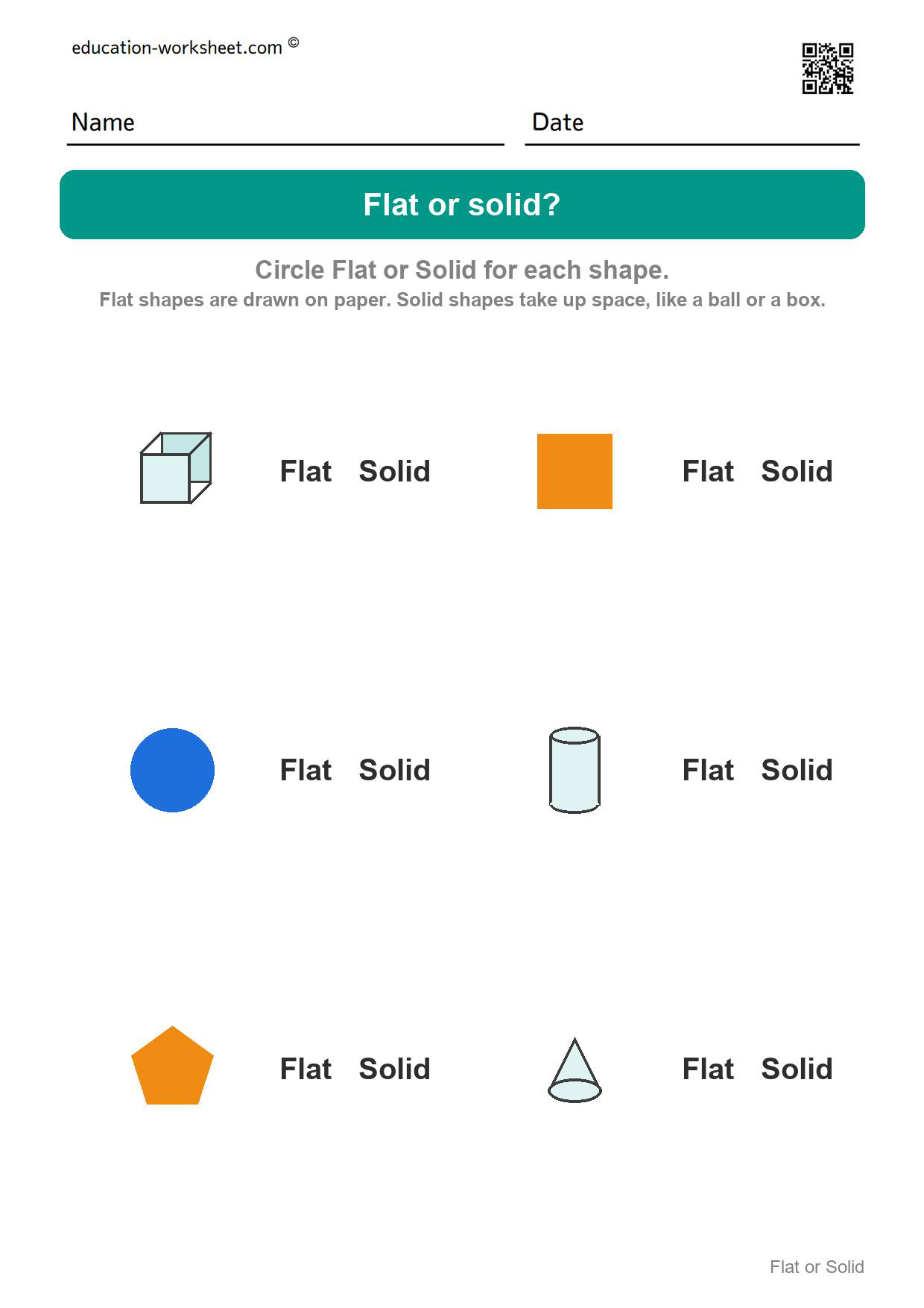Flat or solid (Set 3) - Free Flat or Solid Shapes Worksheets for Kindergarten - 2D vs 3D Shapes