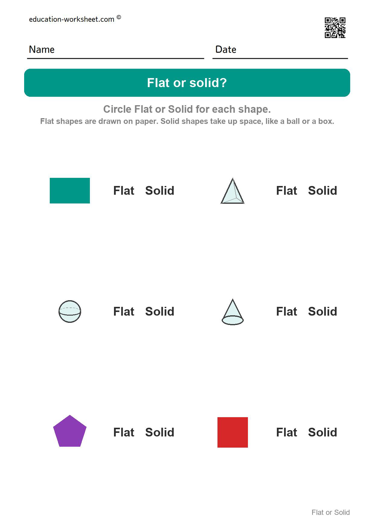 Flat or solid (Set 4) - Free Flat or Solid Shapes Worksheets for Kindergarten - 2D vs 3D Shapes