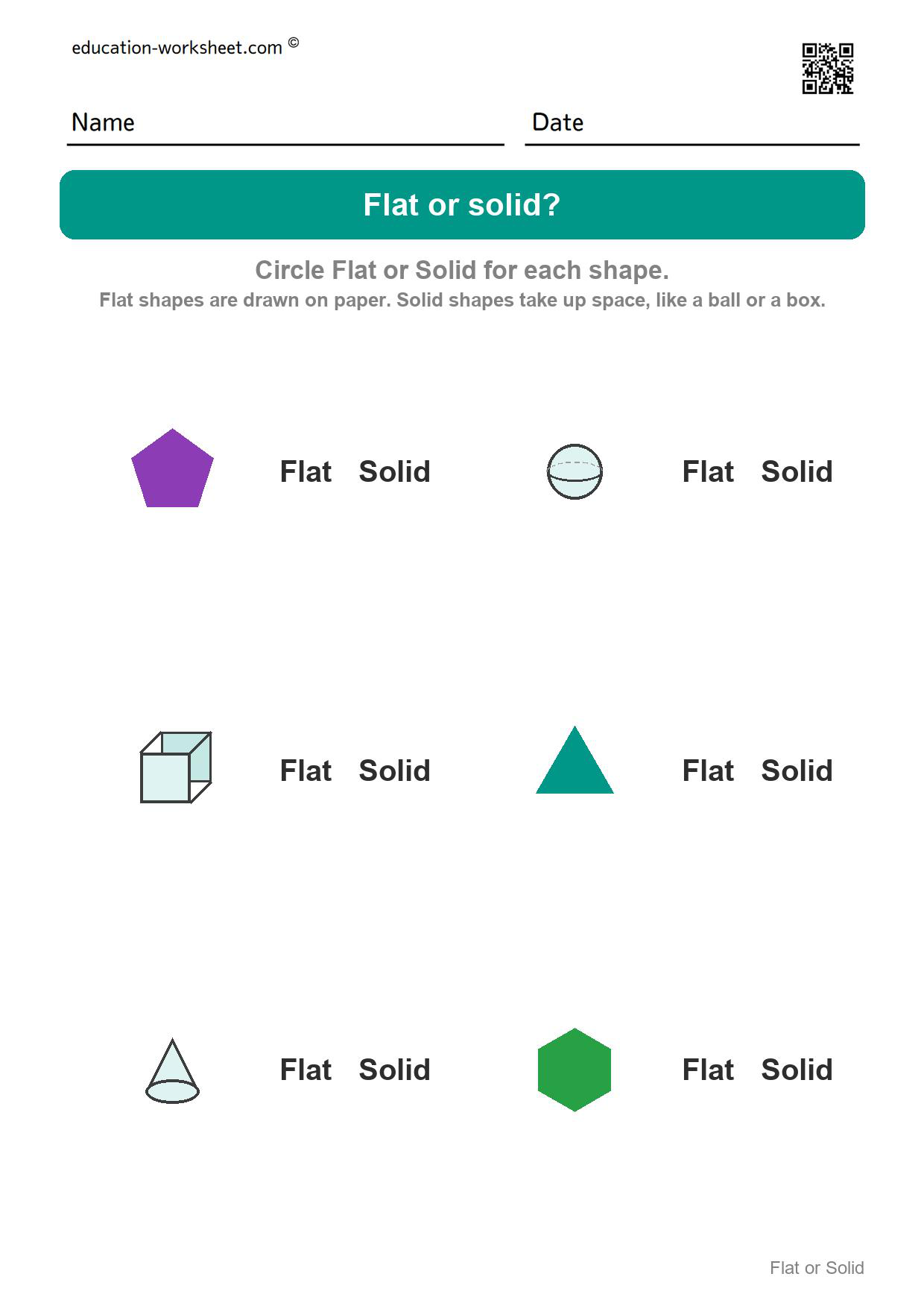 Flat or solid (Set 5) - Free Flat or Solid Shapes Worksheets for Kindergarten - 2D vs 3D Shapes