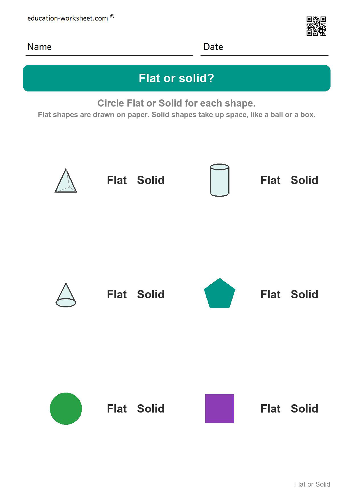 Flat or solid (Set 6) - Free Flat or Solid Shapes Worksheets for Kindergarten - 2D vs 3D Shapes