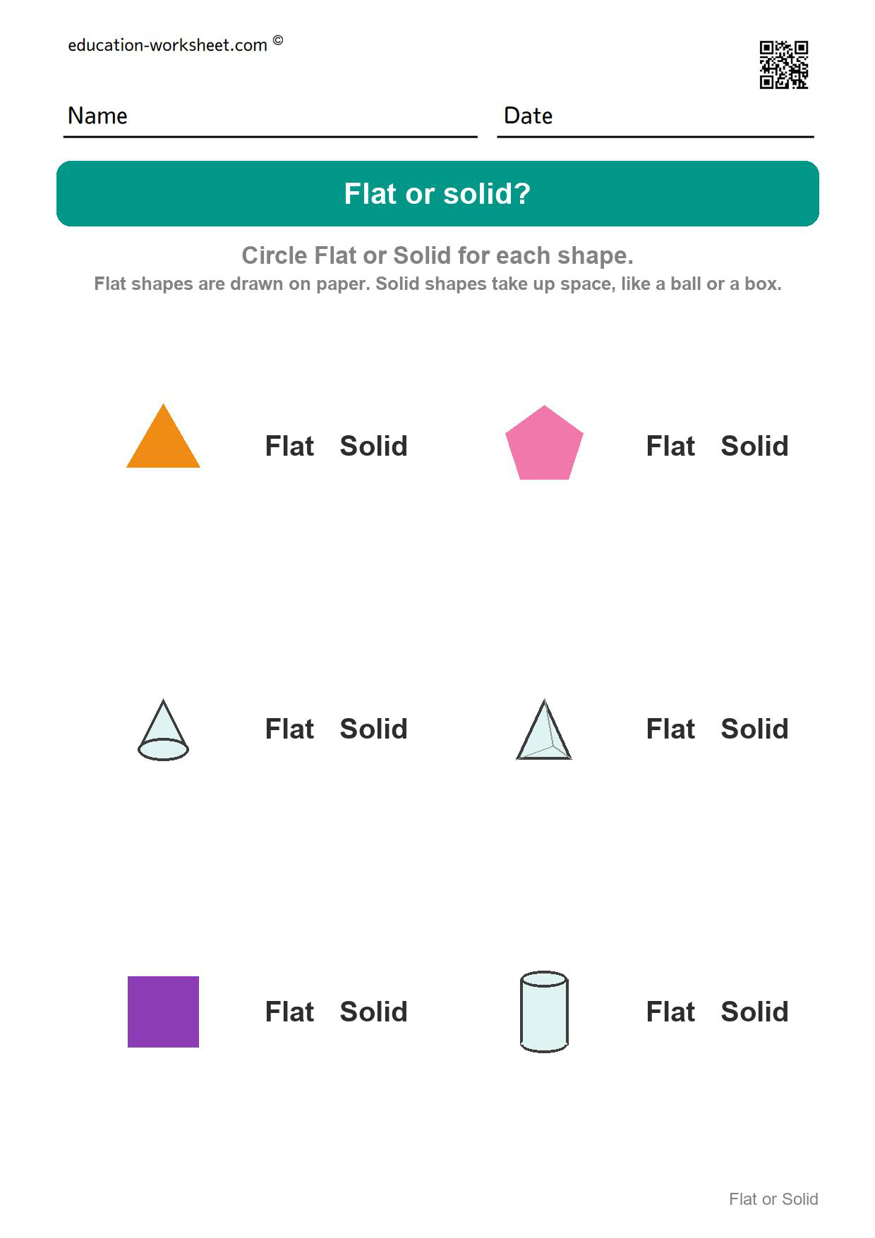 Flat or solid (Set 7) - Free Flat or Solid Shapes Worksheets for Kindergarten - 2D vs 3D Shapes