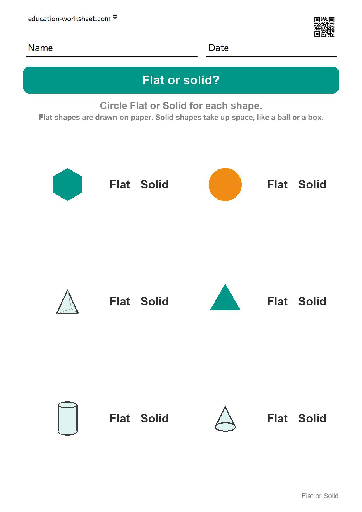 Flat or solid (Set 8) - Free Flat or Solid Shapes Worksheets for Kindergarten - 2D vs 3D Shapes