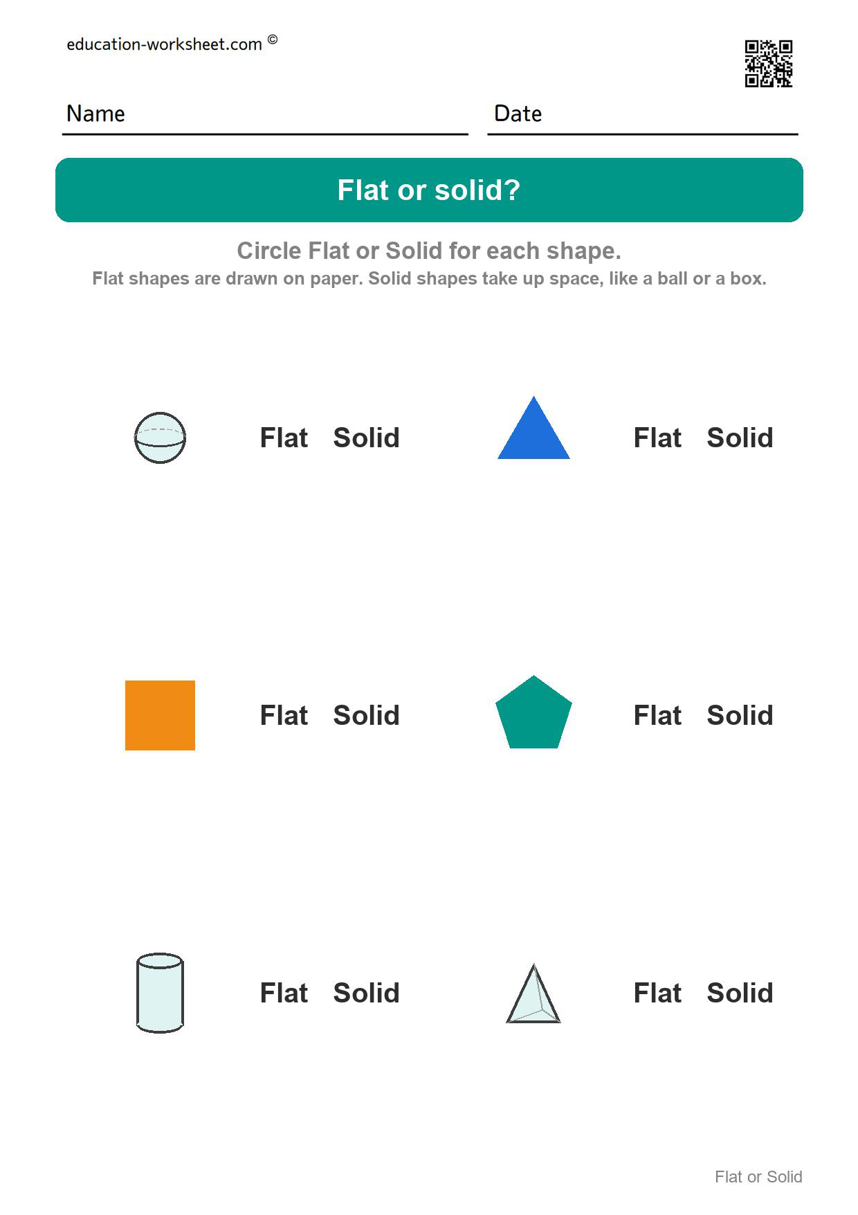 Flat or solid (Set 9) - Free Flat or Solid Shapes Worksheets for Kindergarten - 2D vs 3D Shapes