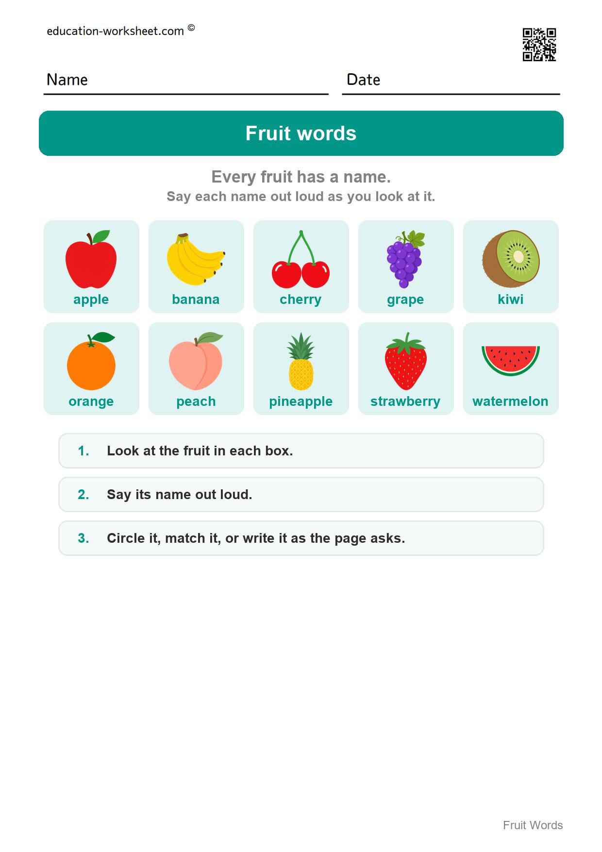 How to use this worksheet - Free Fruit Words Worksheets for Kindergarten - Read and Write