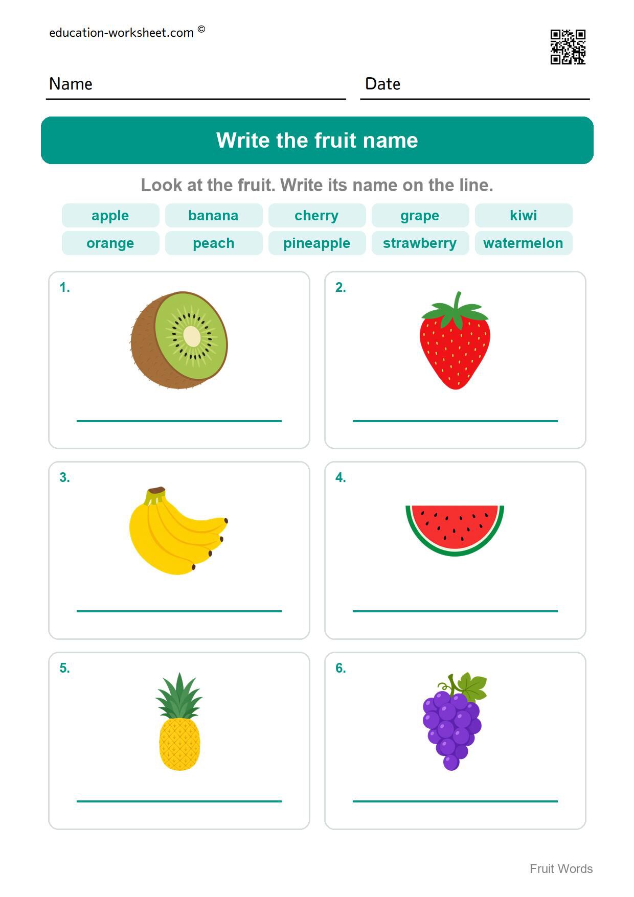 Write the fruit name (Set 9) - Free Fruit Words Worksheets for Kindergarten - Read and Write