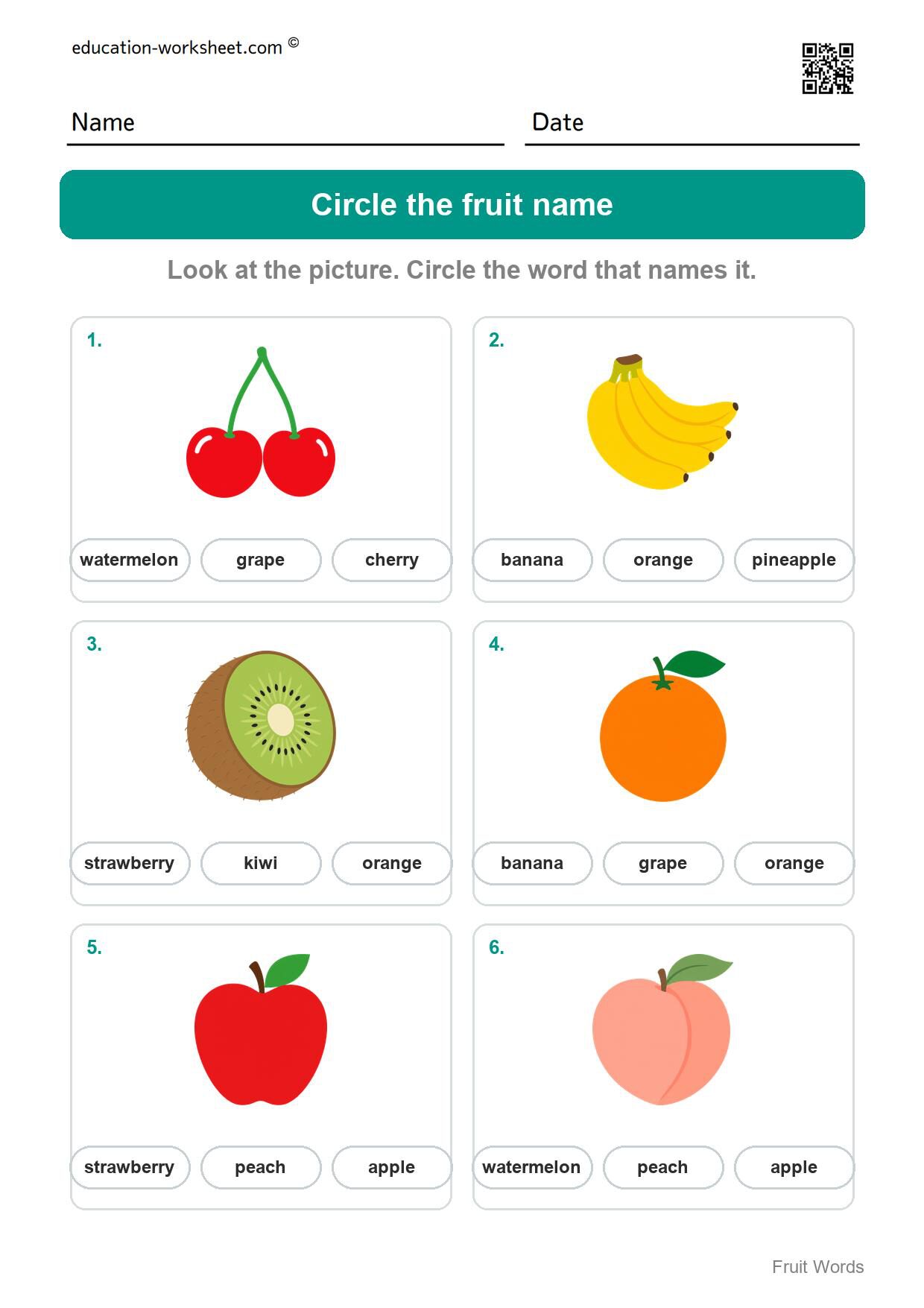 Circle the fruit name (Set 10) - Free Fruit Words Worksheets for Kindergarten - Read and Write