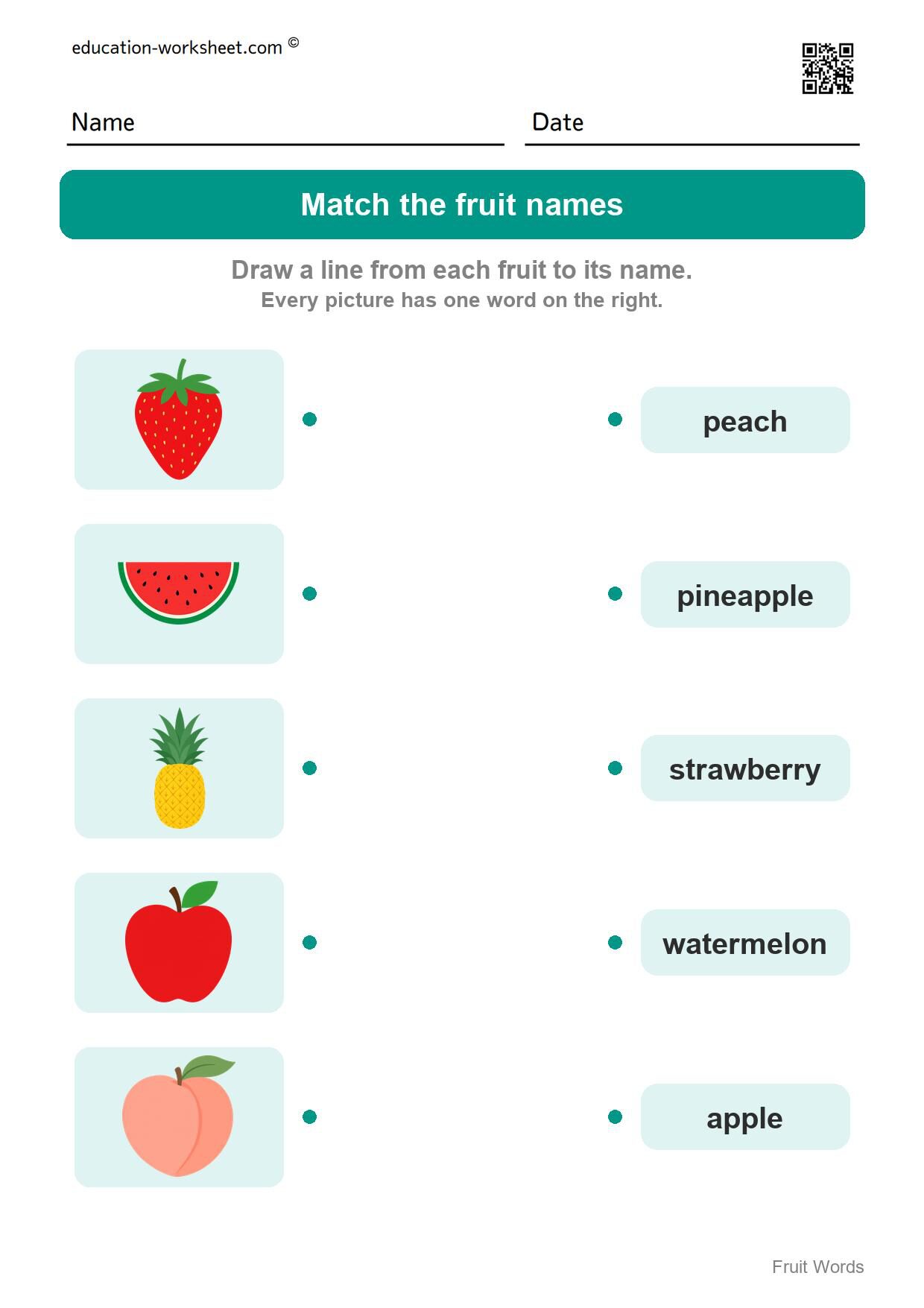Match the fruit names (Set 11) - Free Fruit Words Worksheets for Kindergarten - Read and Write