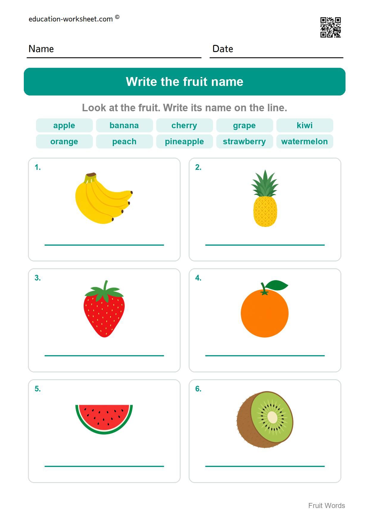 Write the fruit name (Set 12) - Free Fruit Words Worksheets for Kindergarten - Read and Write