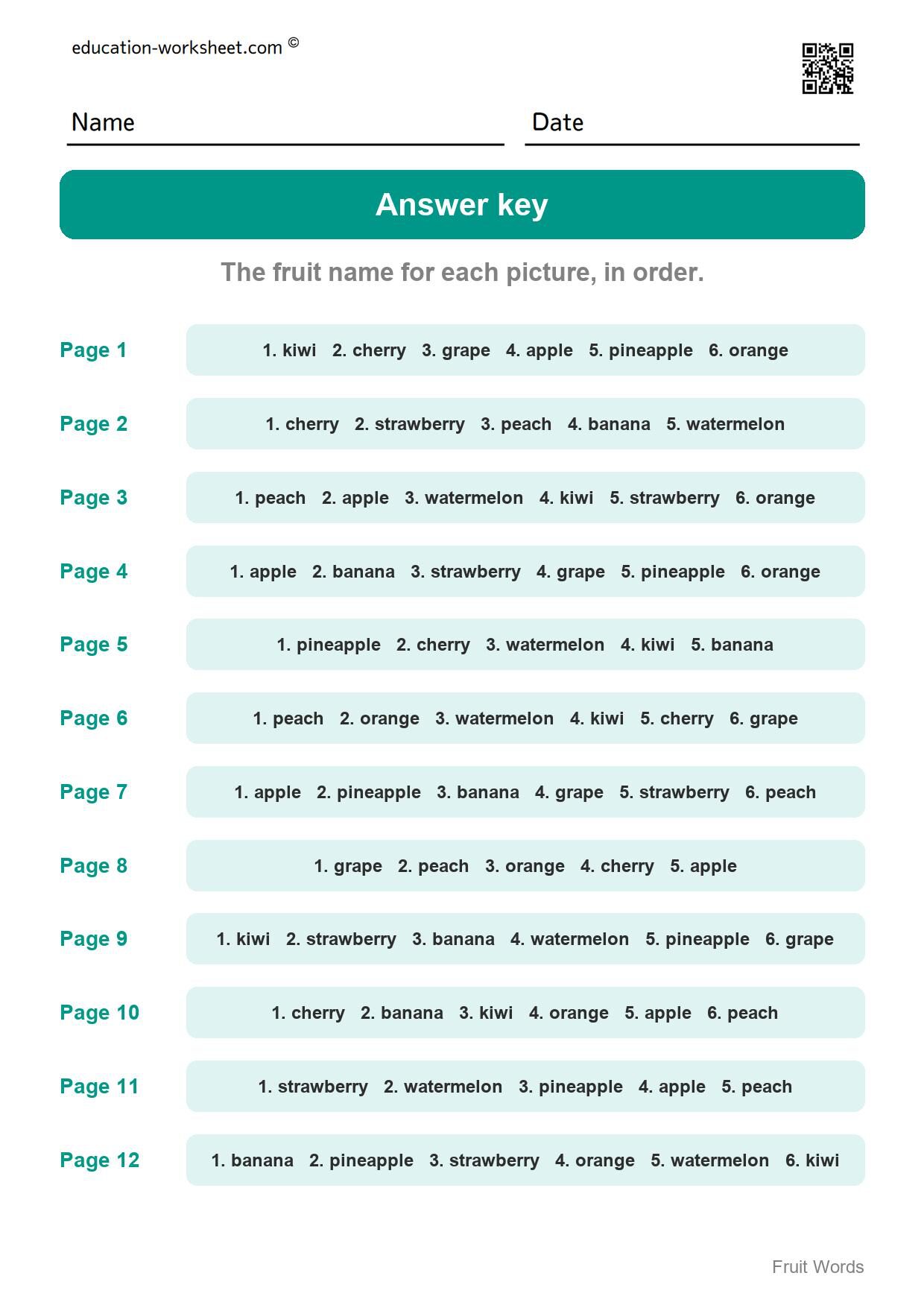 Answer key - all 12 pages - Free Fruit Words Worksheets for Kindergarten - Read and Write