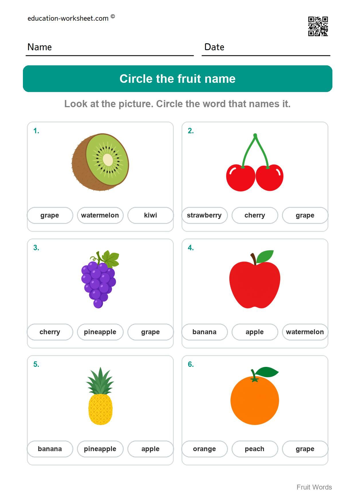Circle the fruit name (Set 1) - Free Fruit Words Worksheets for Kindergarten - Read and Write