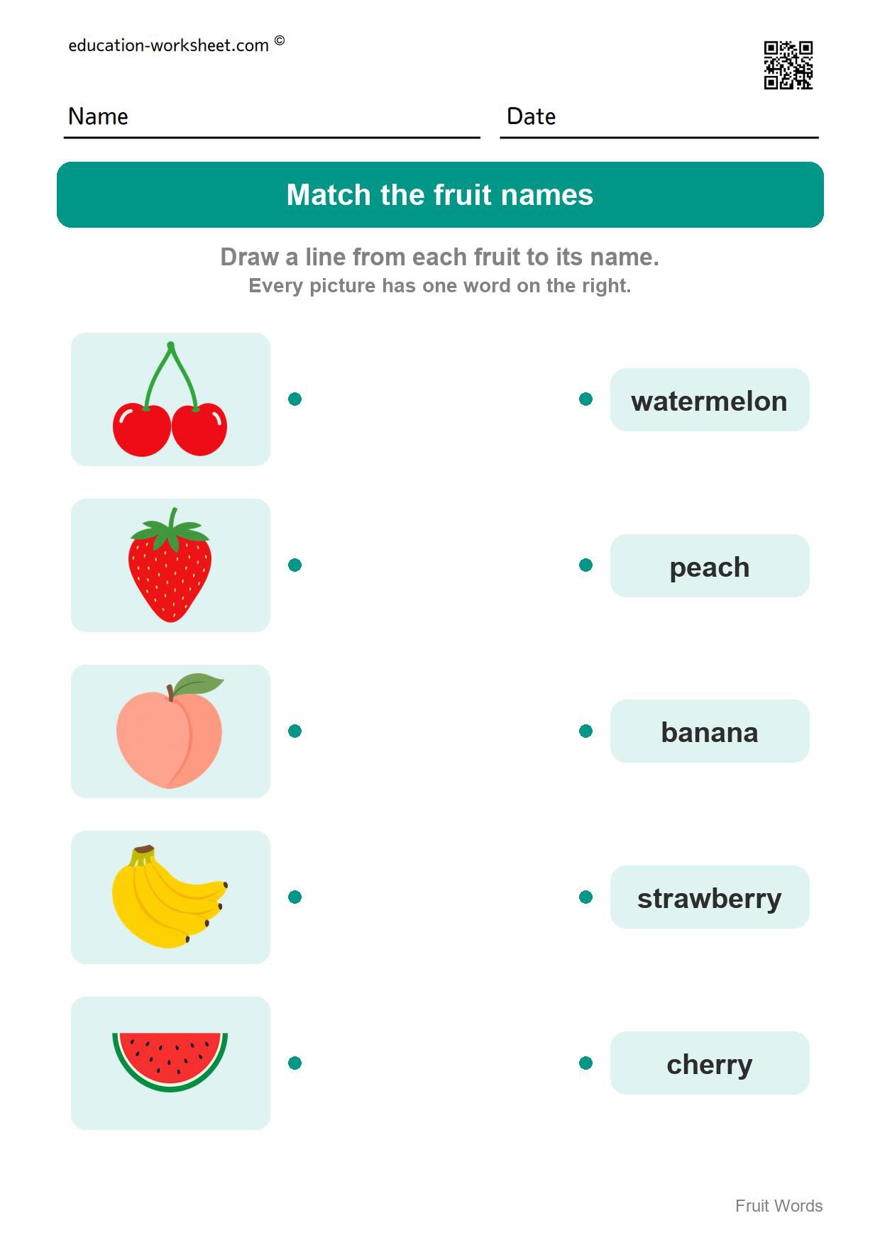 Match the fruit names (Set 2) - Free Fruit Words Worksheets for Kindergarten - Read and Write