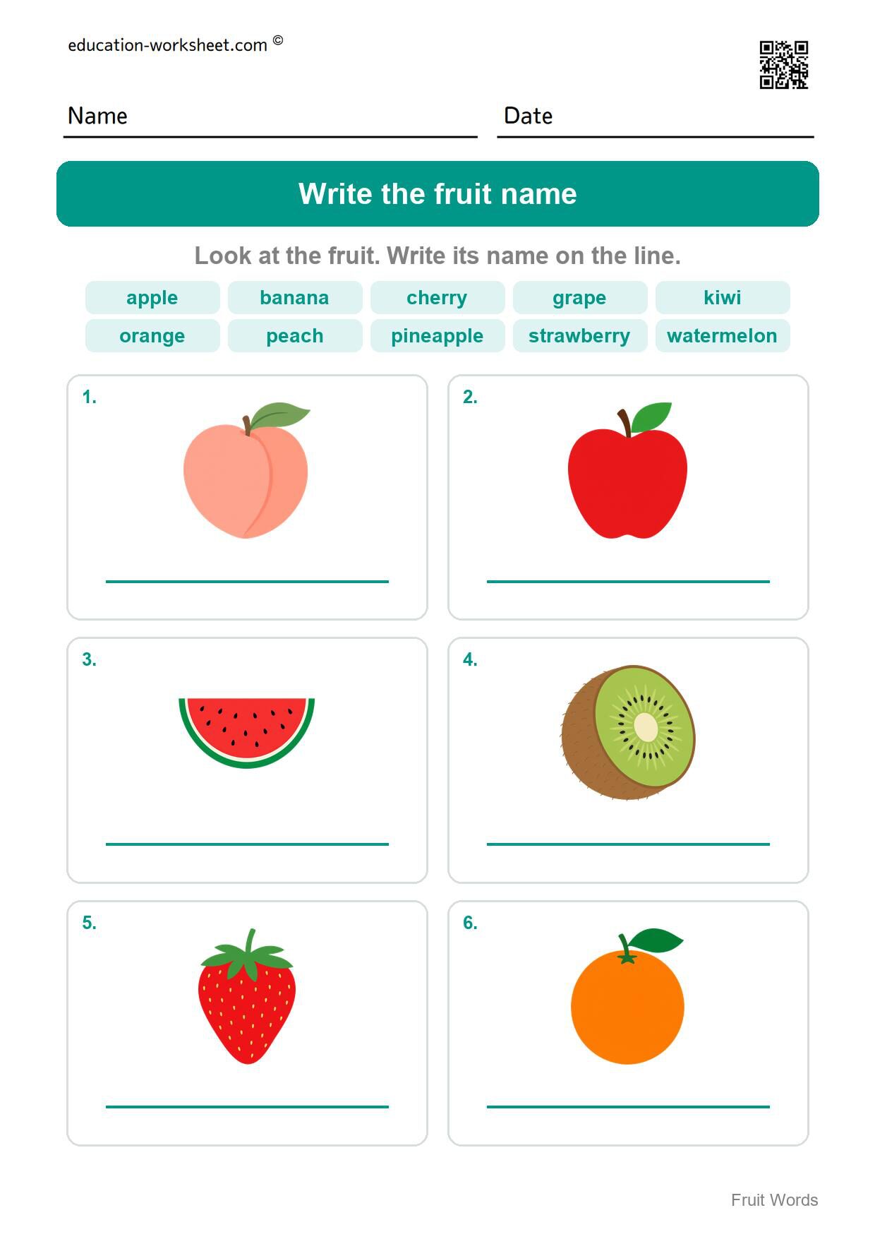 Write the fruit name (Set 3) - Free Fruit Words Worksheets for Kindergarten - Read and Write