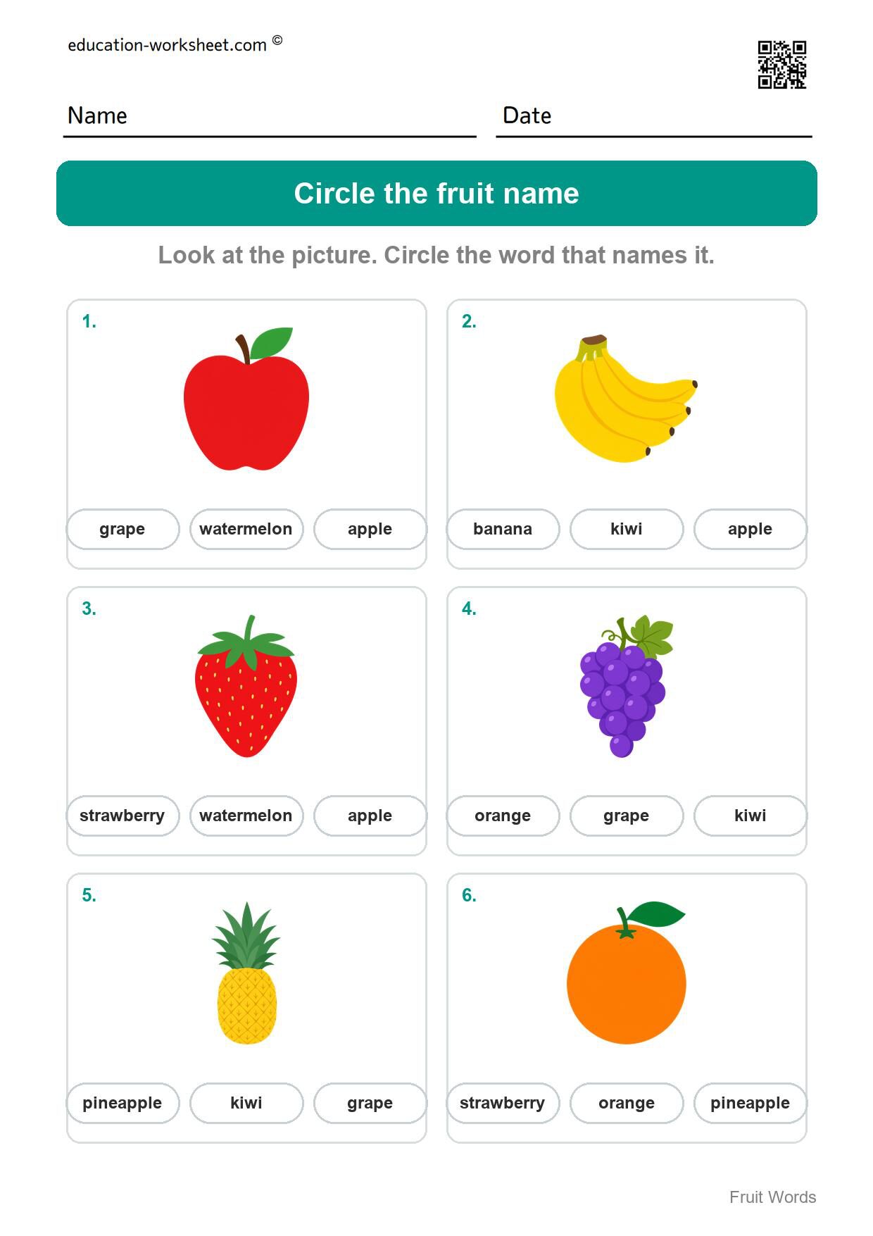 Circle the fruit name (Set 4) - Free Fruit Words Worksheets for Kindergarten - Read and Write