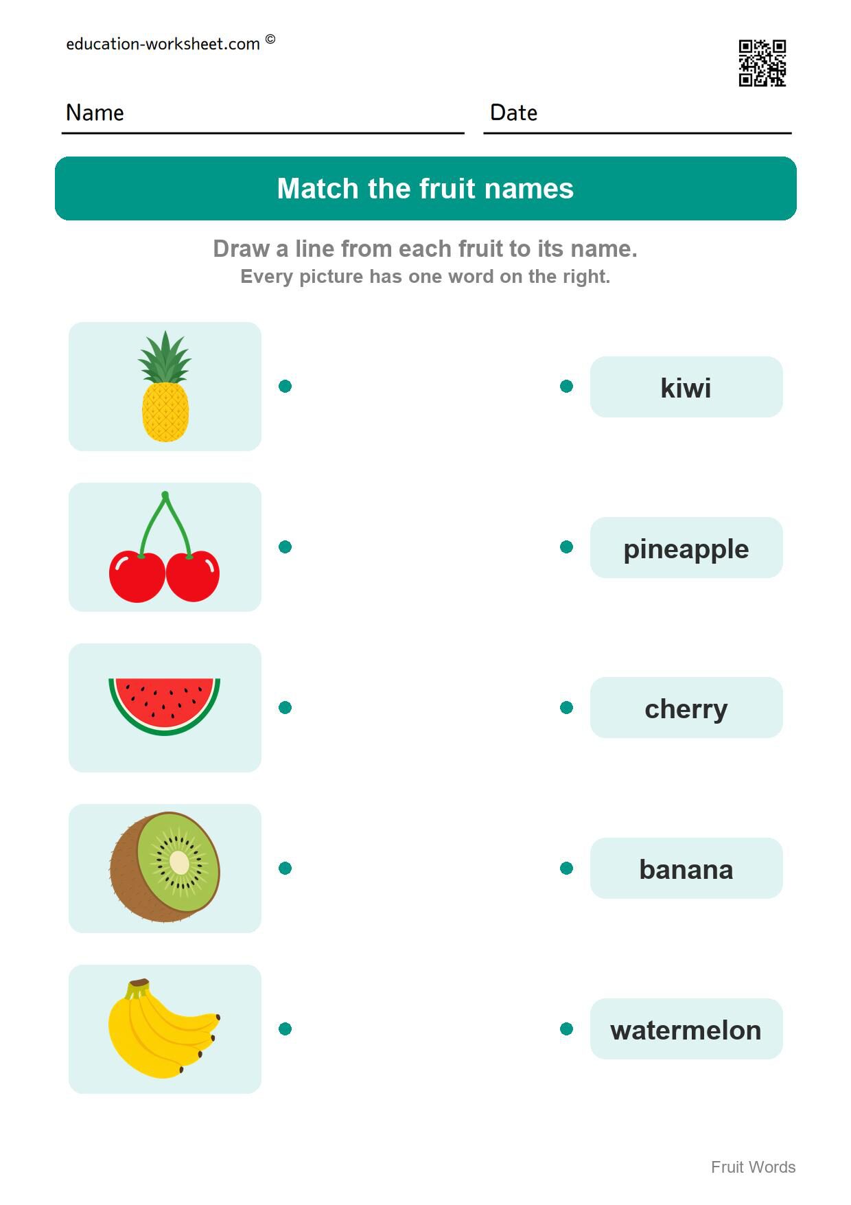 Match the fruit names (Set 5) - Free Fruit Words Worksheets for Kindergarten - Read and Write