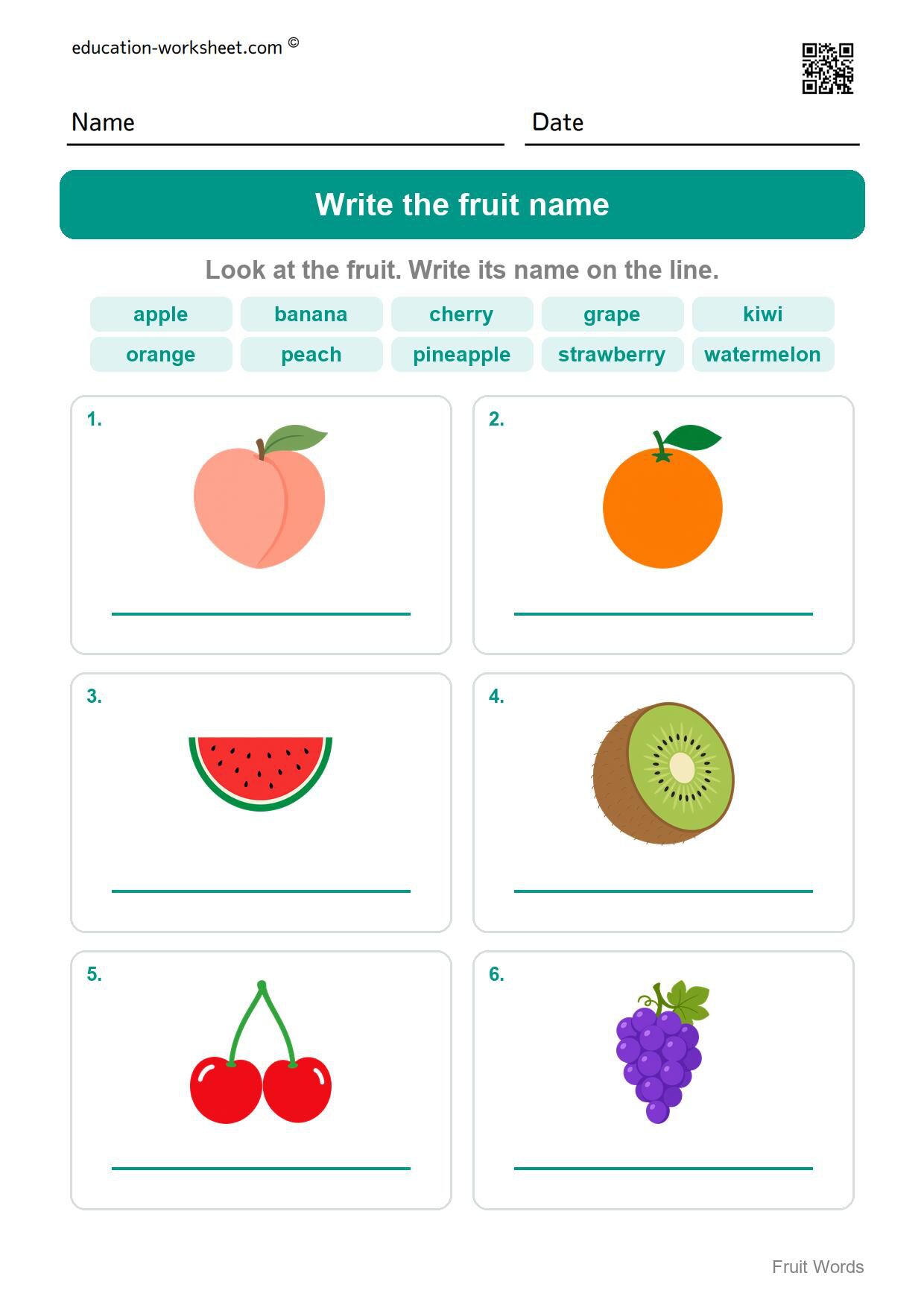 Write the fruit name (Set 6) - Free Fruit Words Worksheets for Kindergarten - Read and Write