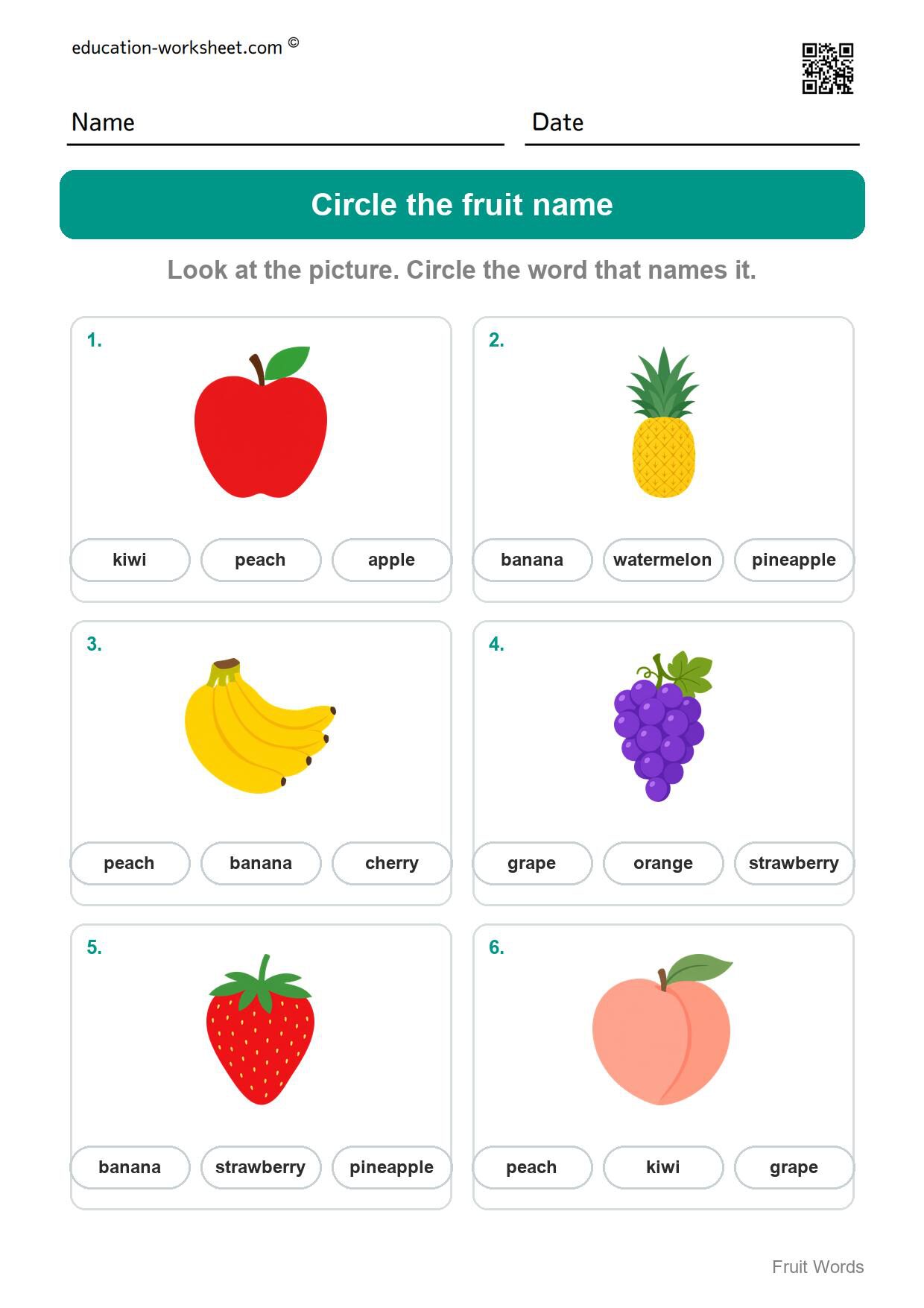 Circle the fruit name (Set 7) - Free Fruit Words Worksheets for Kindergarten - Read and Write