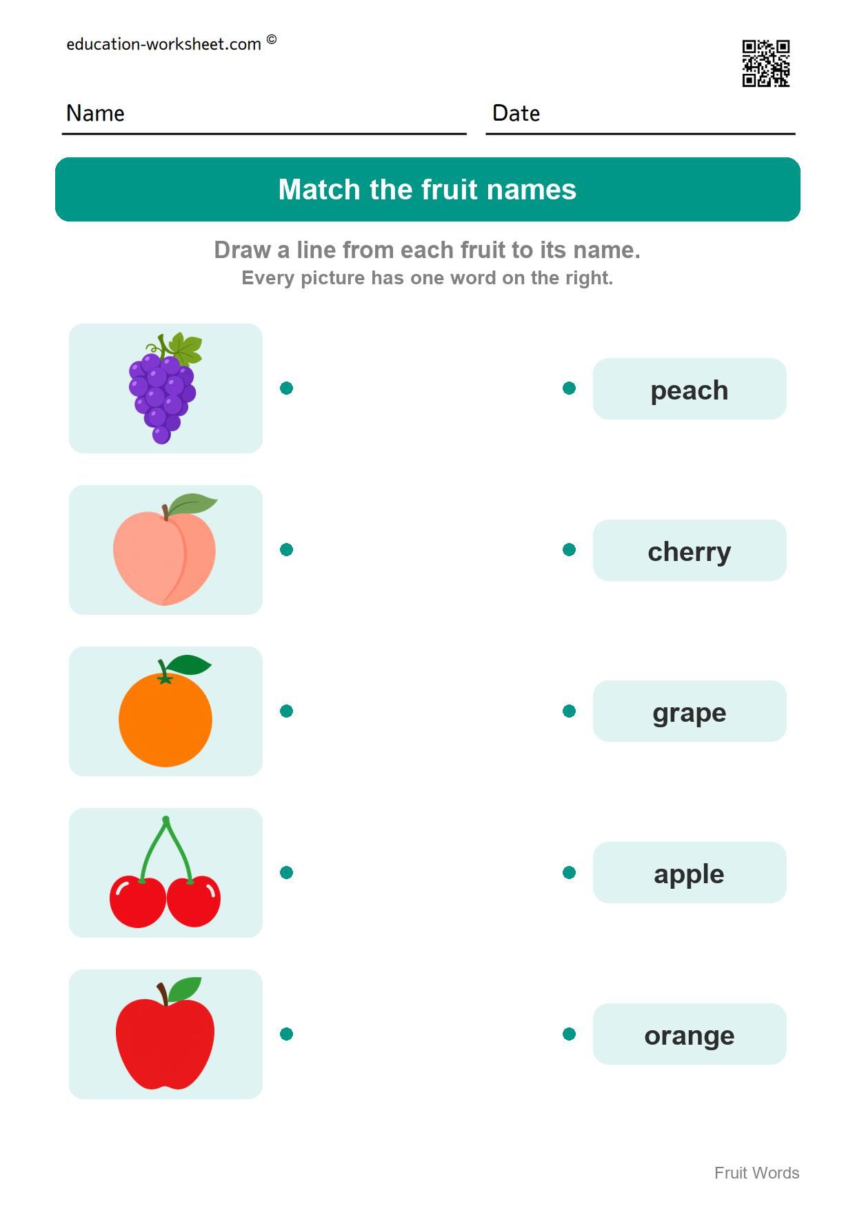 Match the fruit names (Set 8) - Free Fruit Words Worksheets for Kindergarten - Read and Write