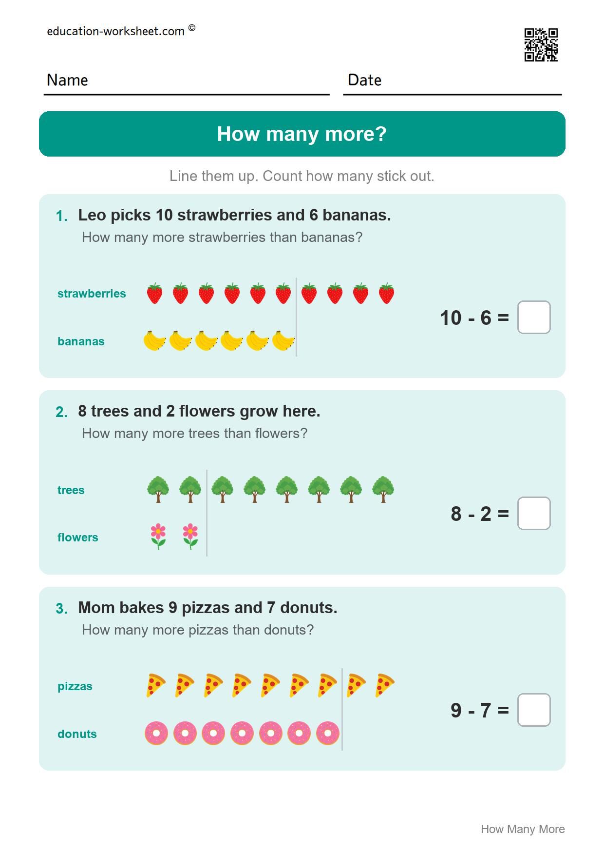 How many more? (Set 9) - Free How Many More Worksheets for Kindergarten - Compare