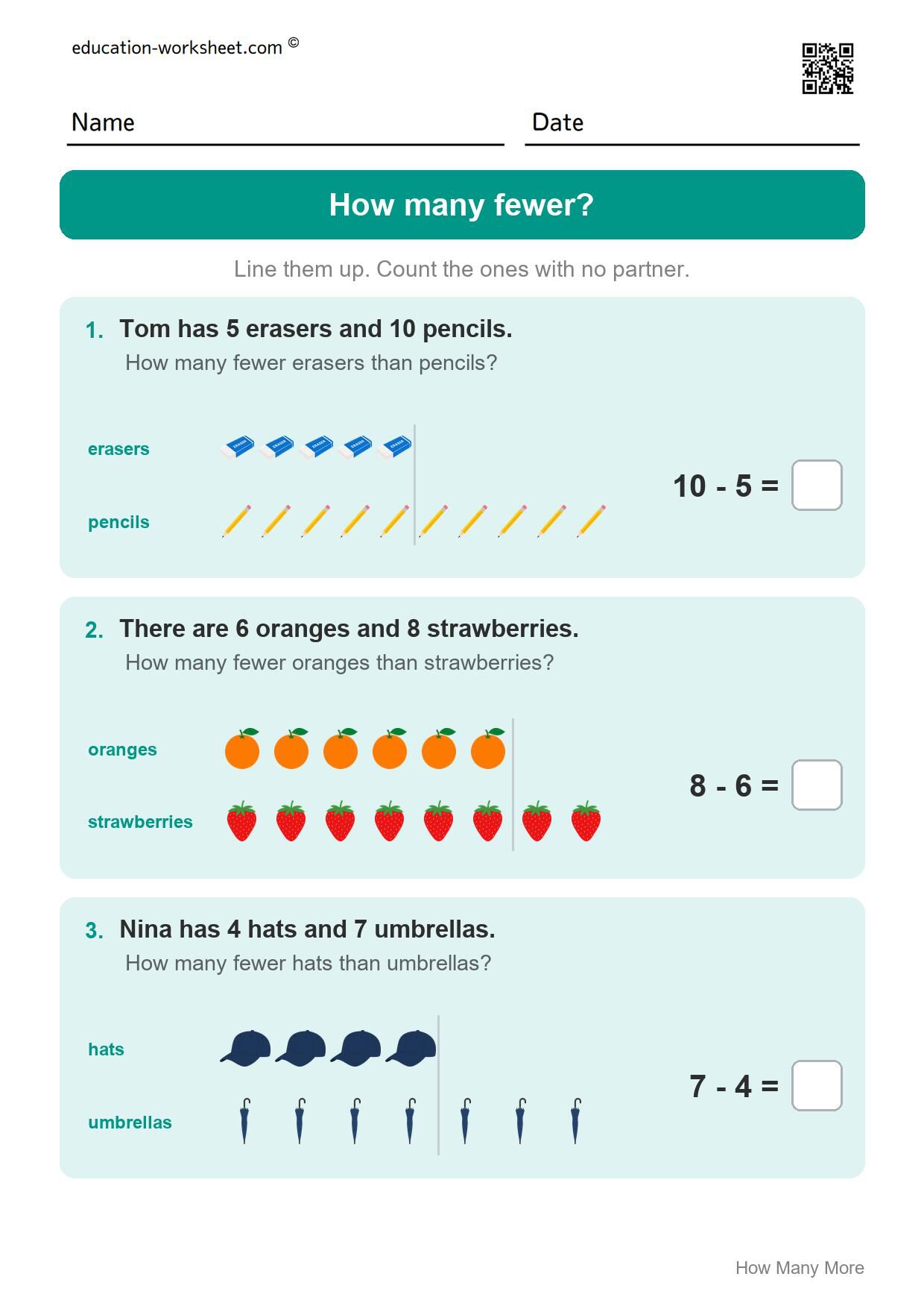 How many fewer? (Set 10) - Free How Many More Worksheets for Kindergarten - Compare