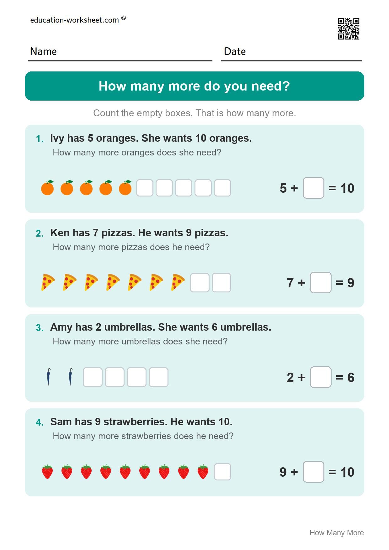 How many more do you need? (Set 11) - Free How Many More Worksheets for Kindergarten - Compare