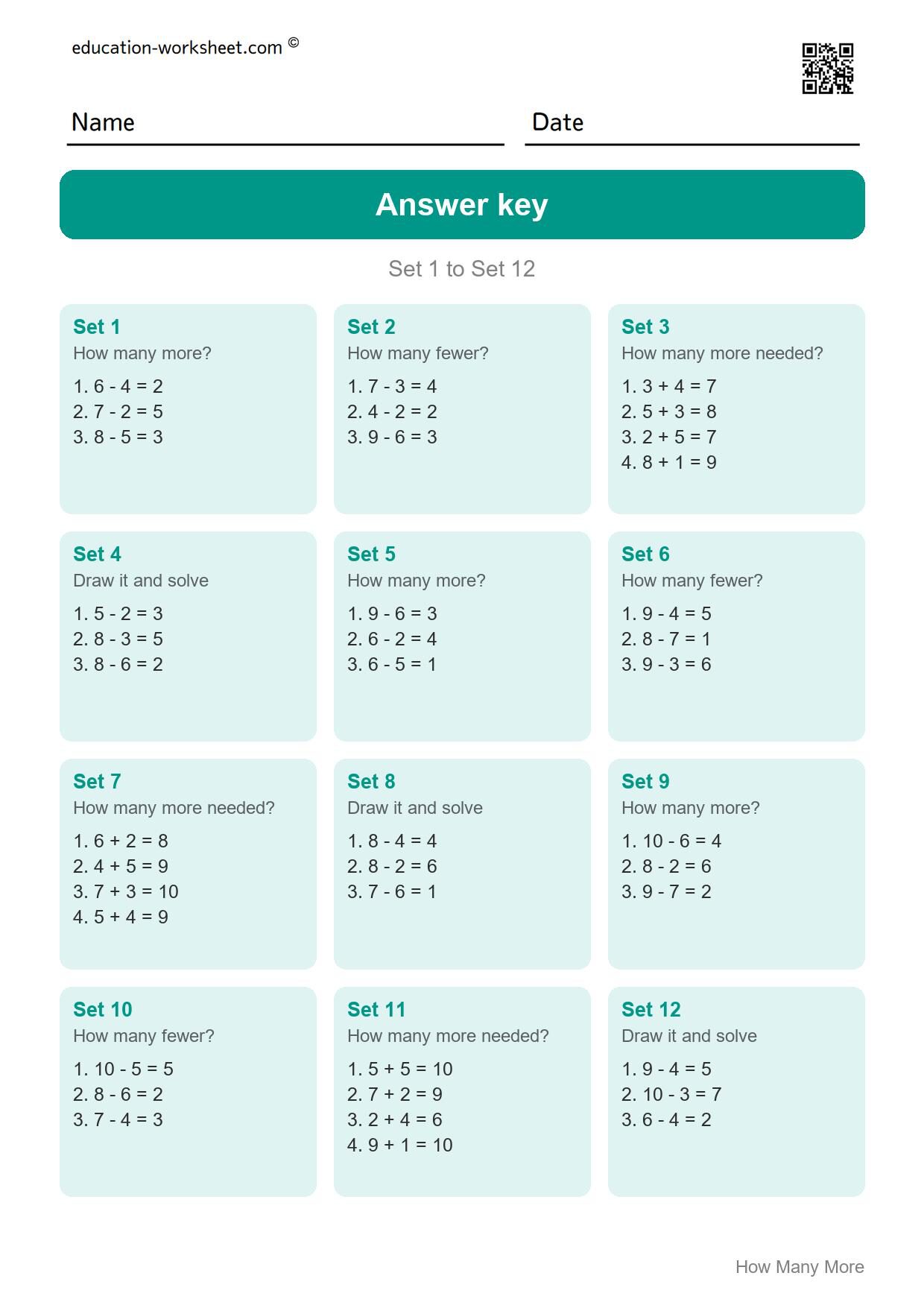 Answer key - Free How Many More Worksheets for Kindergarten - Compare