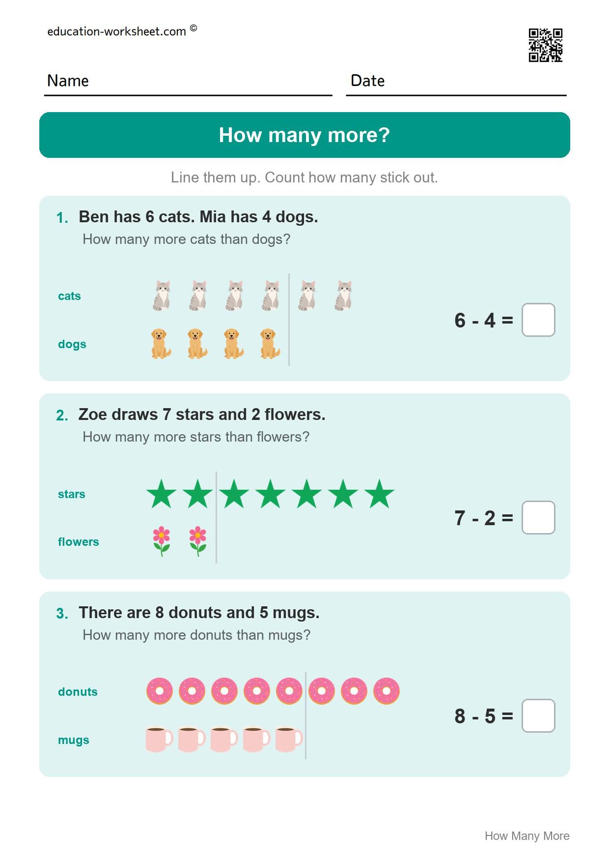 How many more? (Set 1) - Free How Many More Worksheets for Kindergarten - Compare