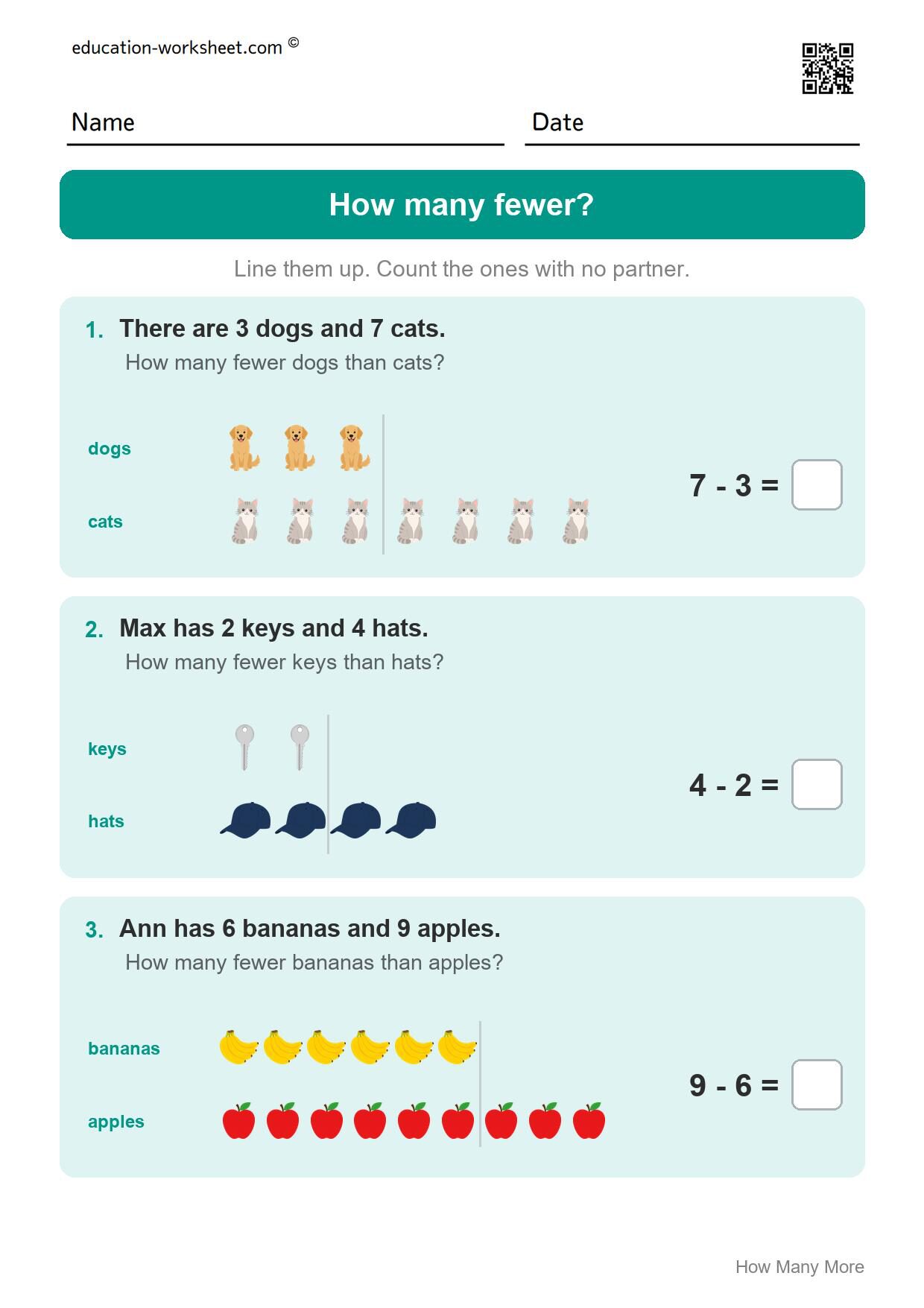 How many fewer? (Set 2) - Free How Many More Worksheets for Kindergarten - Compare