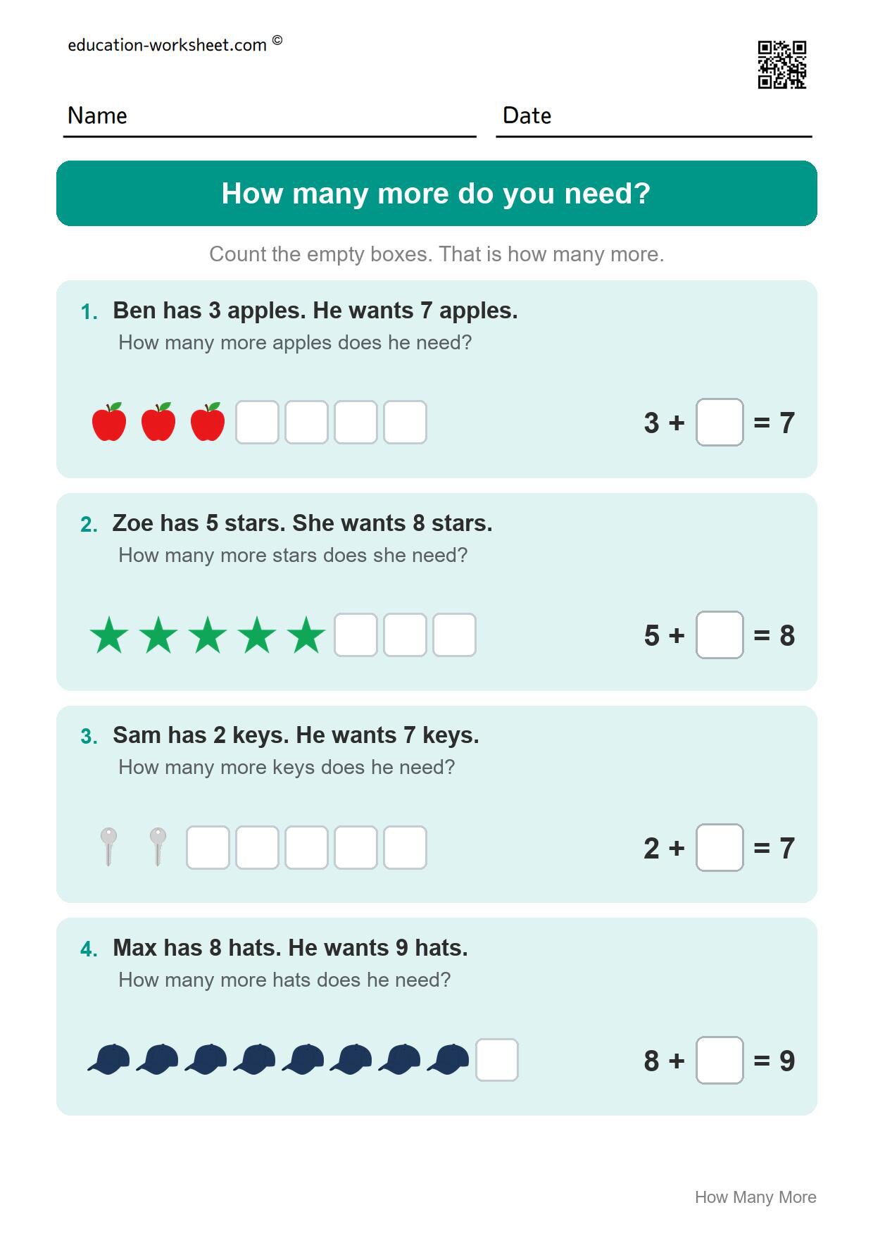 How many more do you need? (Set 3) - Free How Many More Worksheets for Kindergarten - Compare
