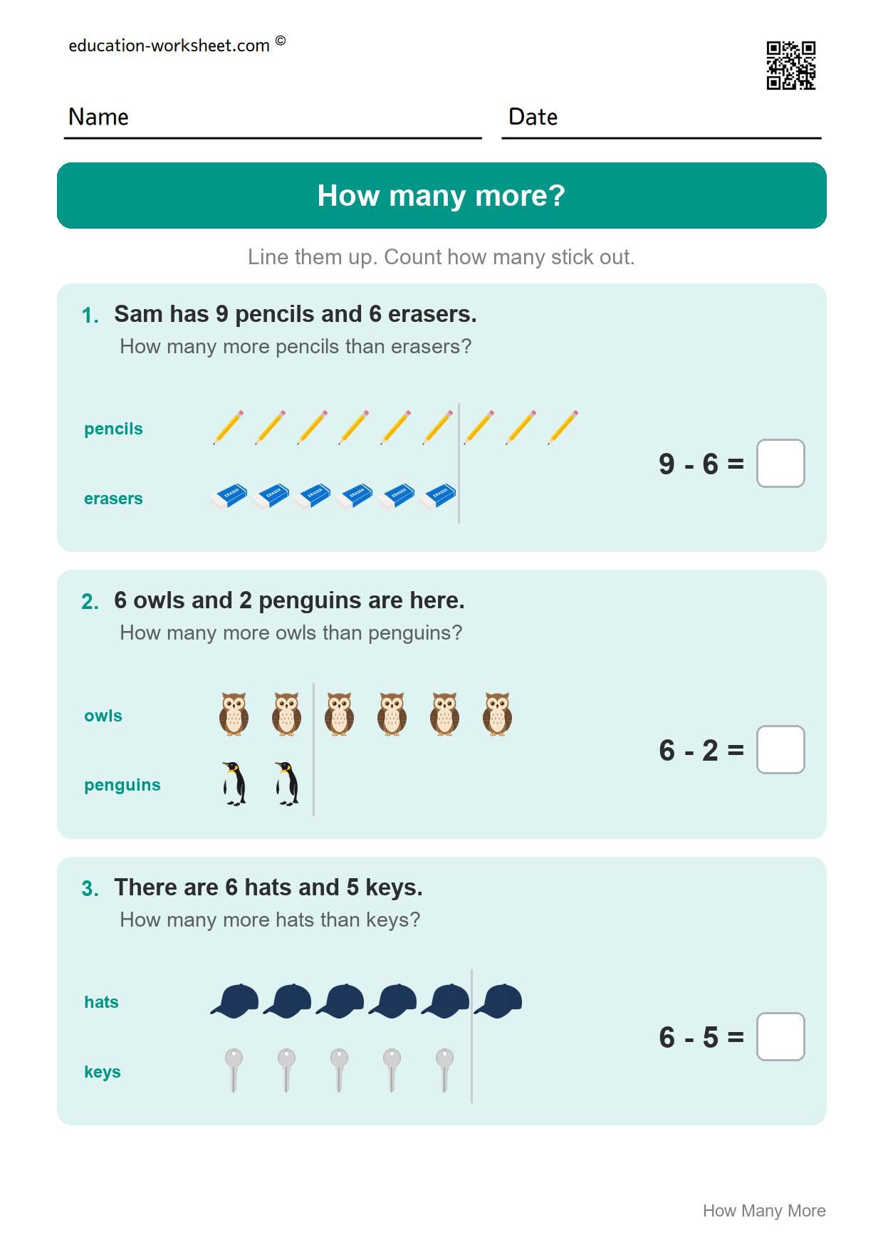 How many more? (Set 5) - Free How Many More Worksheets for Kindergarten - Compare