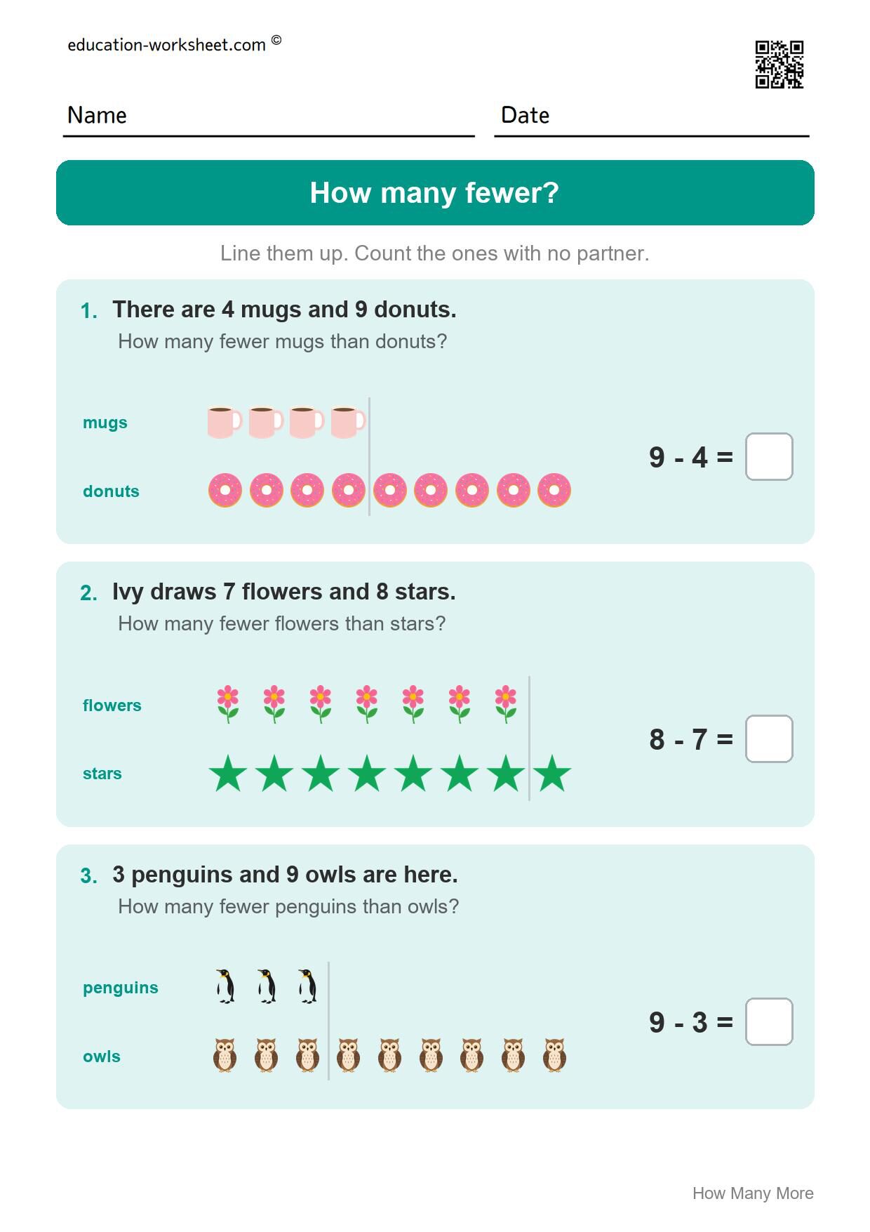 How many fewer? (Set 6) - Free How Many More Worksheets for Kindergarten - Compare
