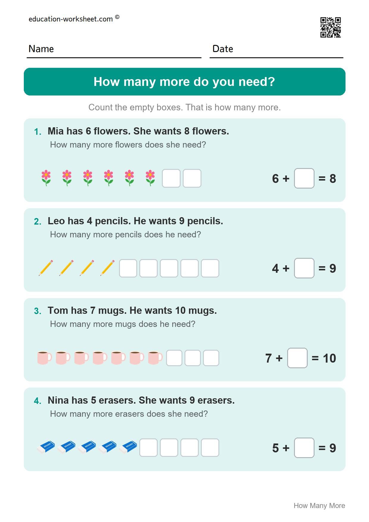How many more do you need? (Set 7) - Free How Many More Worksheets for Kindergarten - Compare