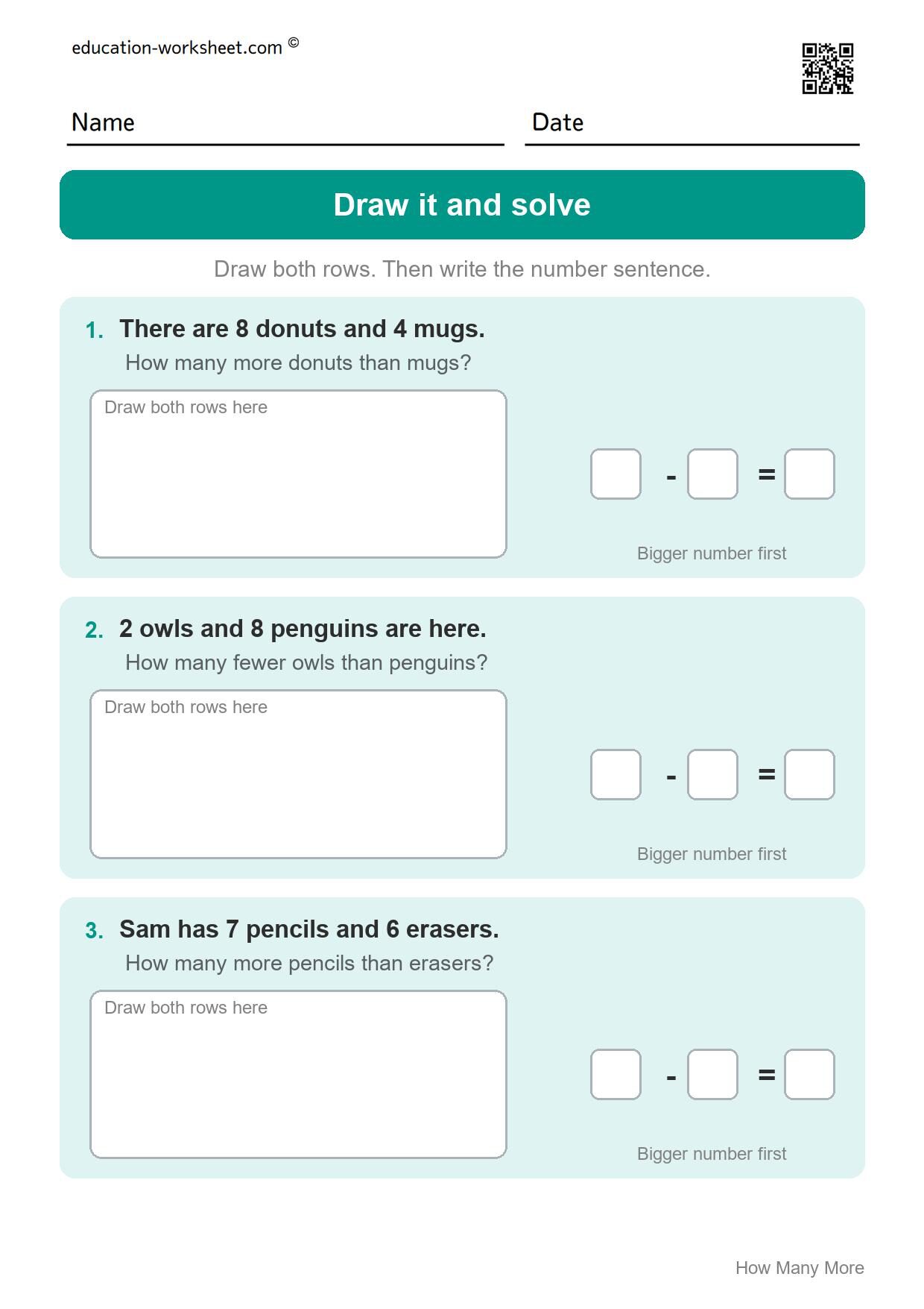 Draw it and solve (Set 8) - Free How Many More Worksheets for Kindergarten - Compare