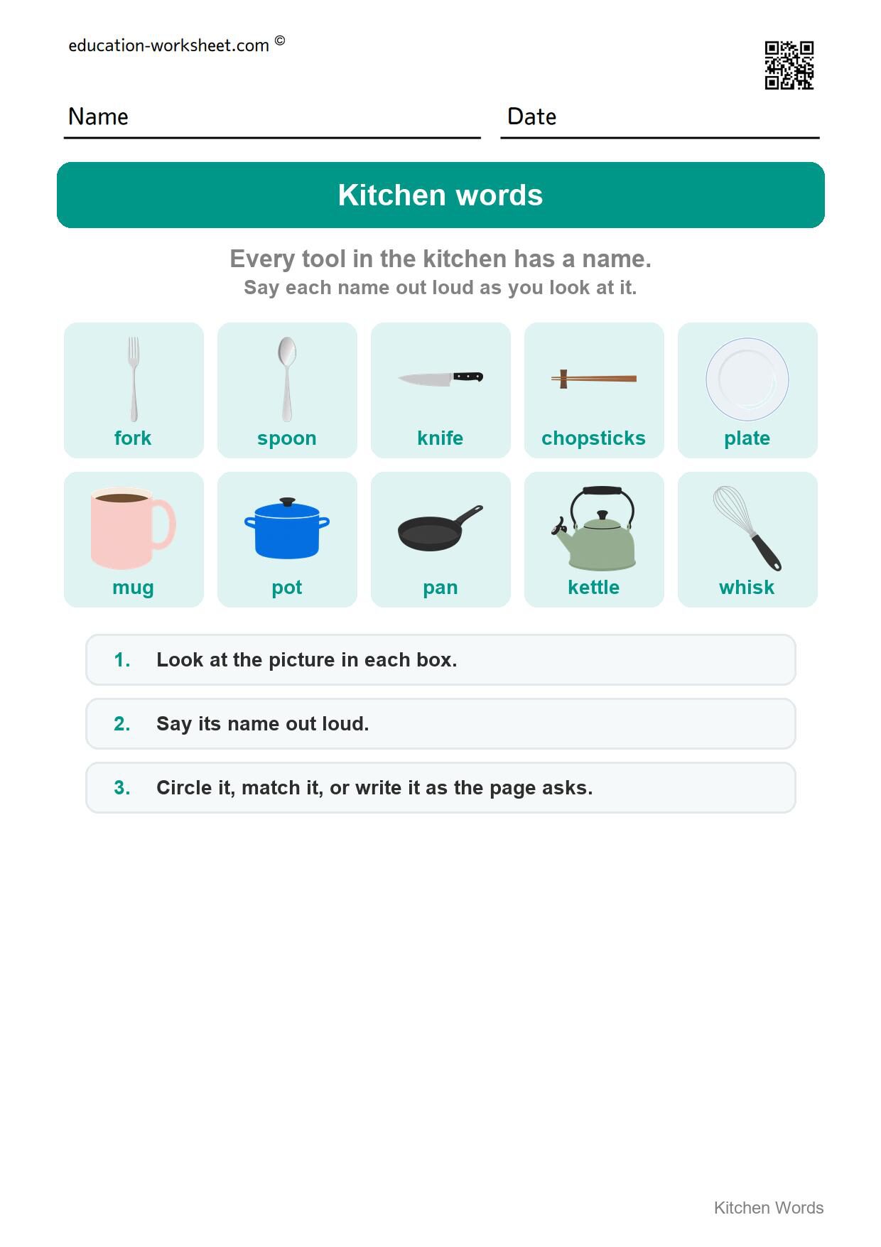 How to use this worksheet - Free Kitchen Words Worksheets for Kindergarten - Read and Write