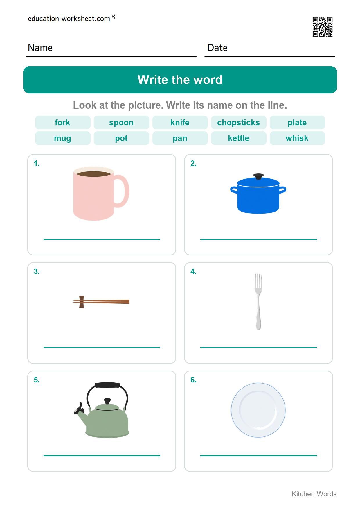 Write the word (Set 9) - Free Kitchen Words Worksheets for Kindergarten - Read and Write