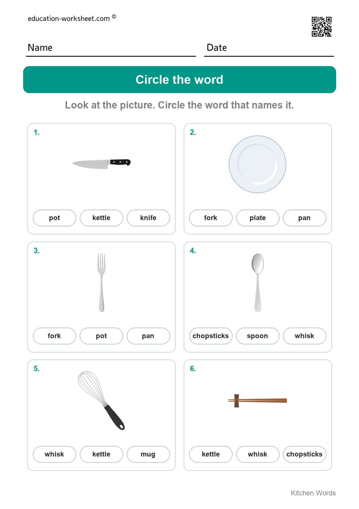 Circle the word (Set 10) - Free Kitchen Words Worksheets for Kindergarten - Read and Write
