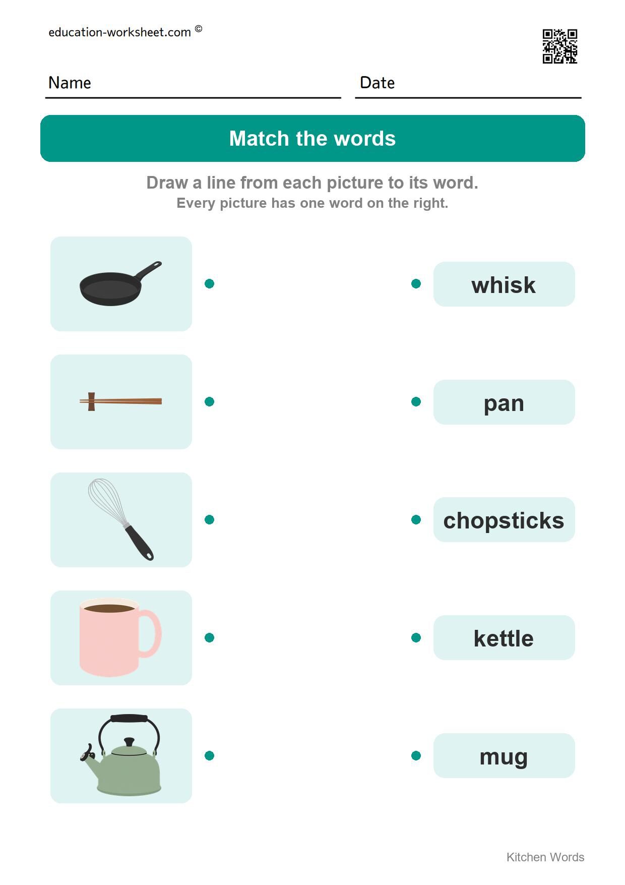 Match the words (Set 11) - Free Kitchen Words Worksheets for Kindergarten - Read and Write