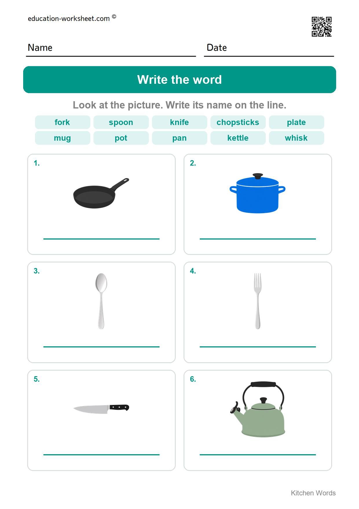 Write the word (Set 12) - Free Kitchen Words Worksheets for Kindergarten - Read and Write