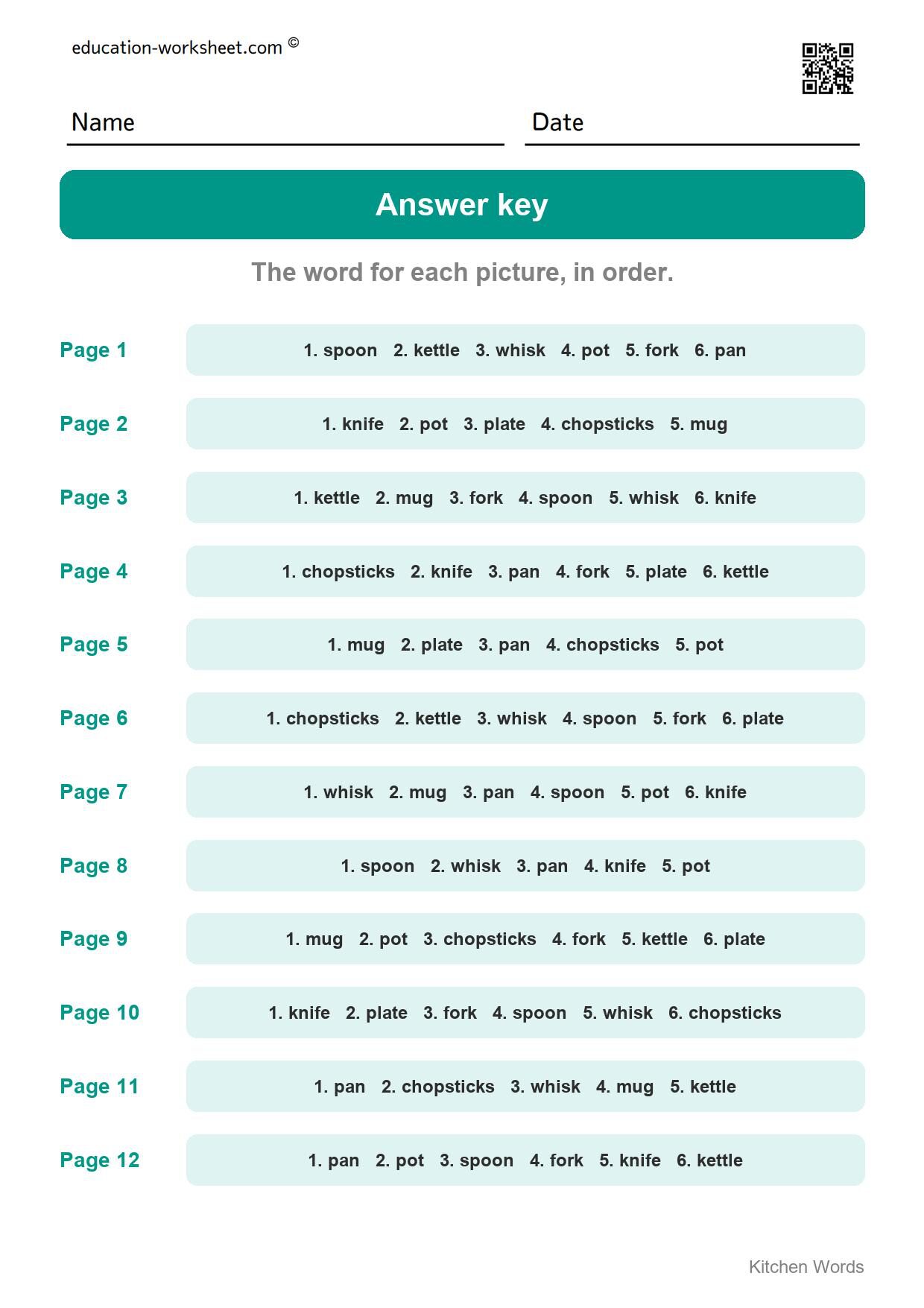 Answer key - all 12 pages - Free Kitchen Words Worksheets for Kindergarten - Read and Write
