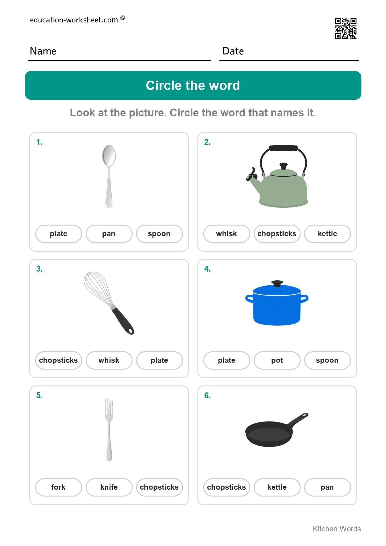 Circle the word (Set 1) - Free Kitchen Words Worksheets for Kindergarten - Read and Write