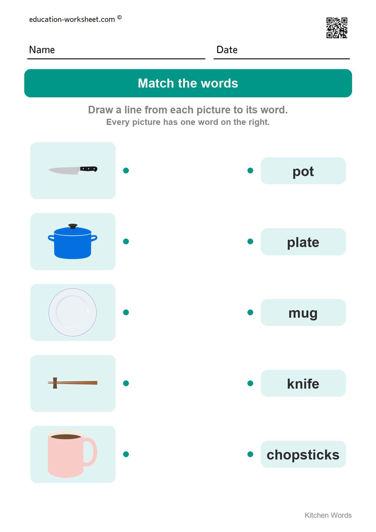 Match the words (Set 2) - Free Kitchen Words Worksheets for Kindergarten - Read and Write
