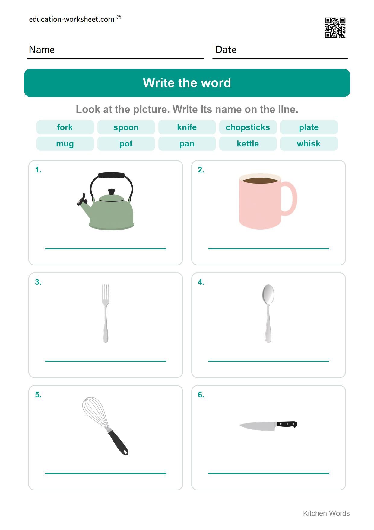 Write the word (Set 3) - Free Kitchen Words Worksheets for Kindergarten - Read and Write