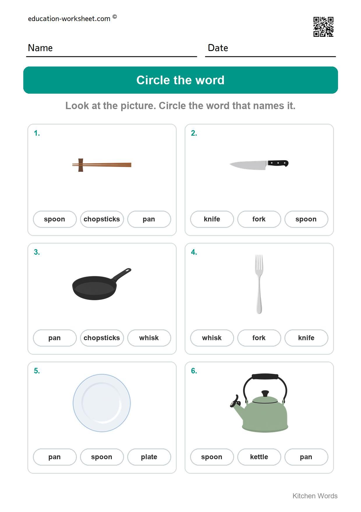 Circle the word (Set 4) - Free Kitchen Words Worksheets for Kindergarten - Read and Write