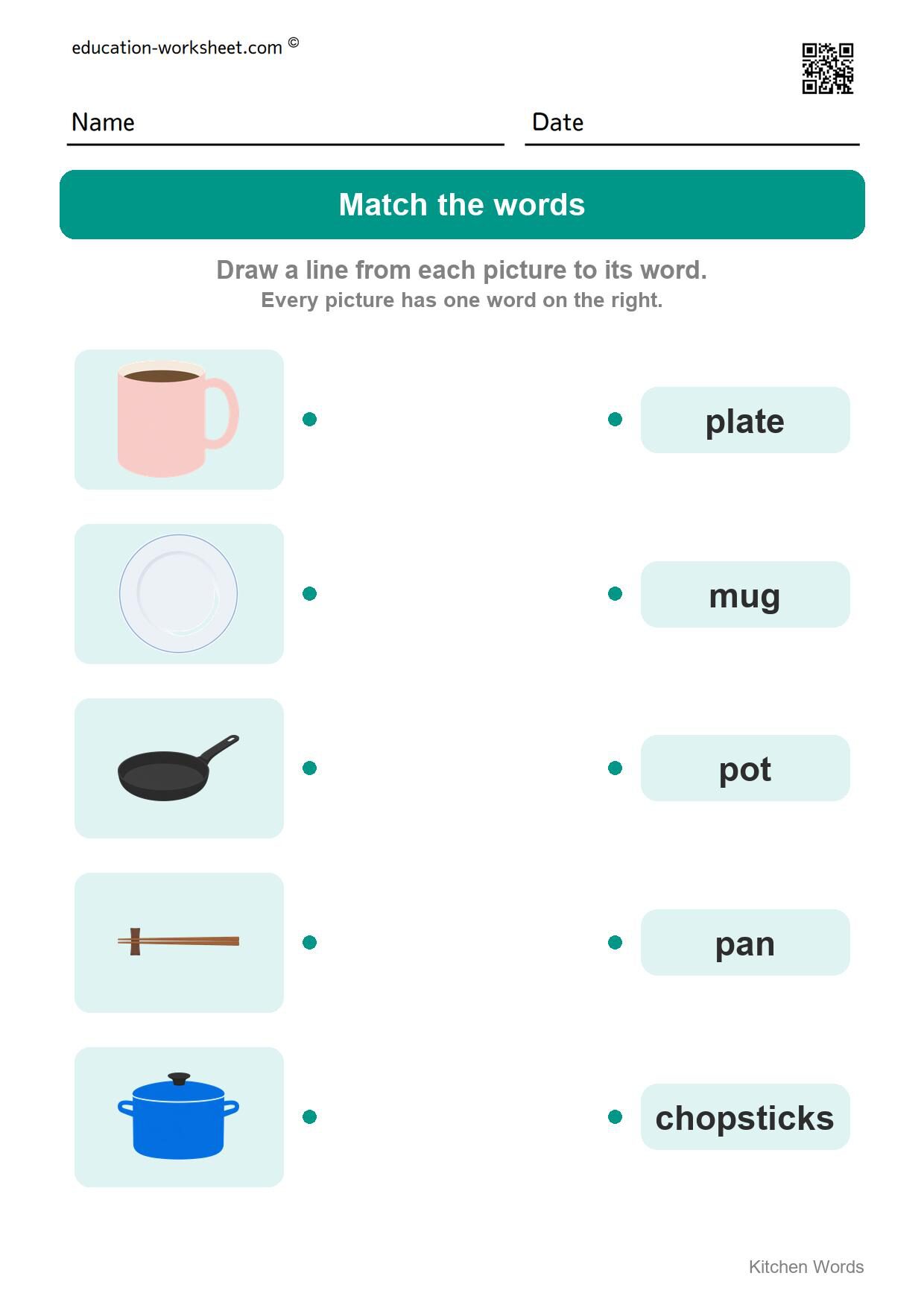 Match the words (Set 5) - Free Kitchen Words Worksheets for Kindergarten - Read and Write