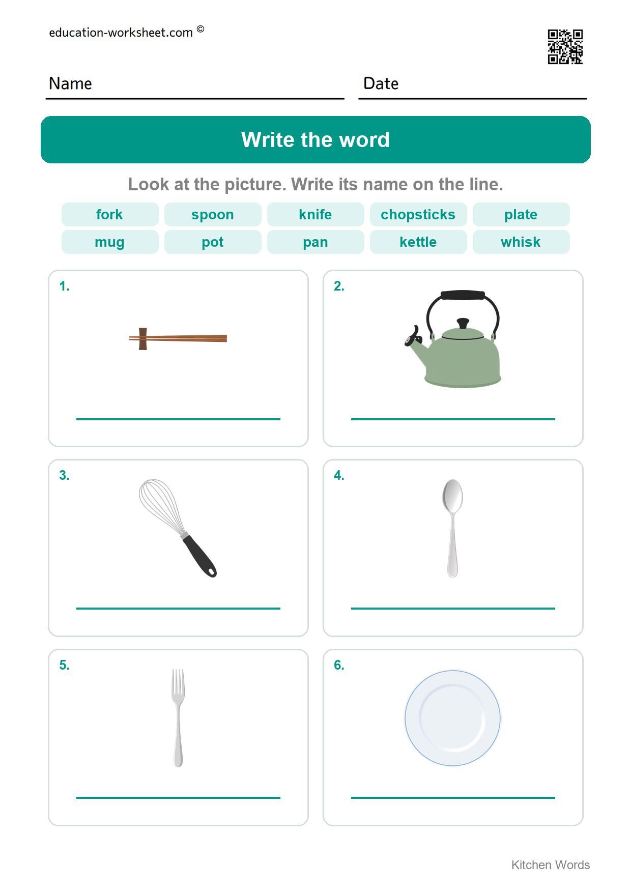 Write the word (Set 6) - Free Kitchen Words Worksheets for Kindergarten - Read and Write