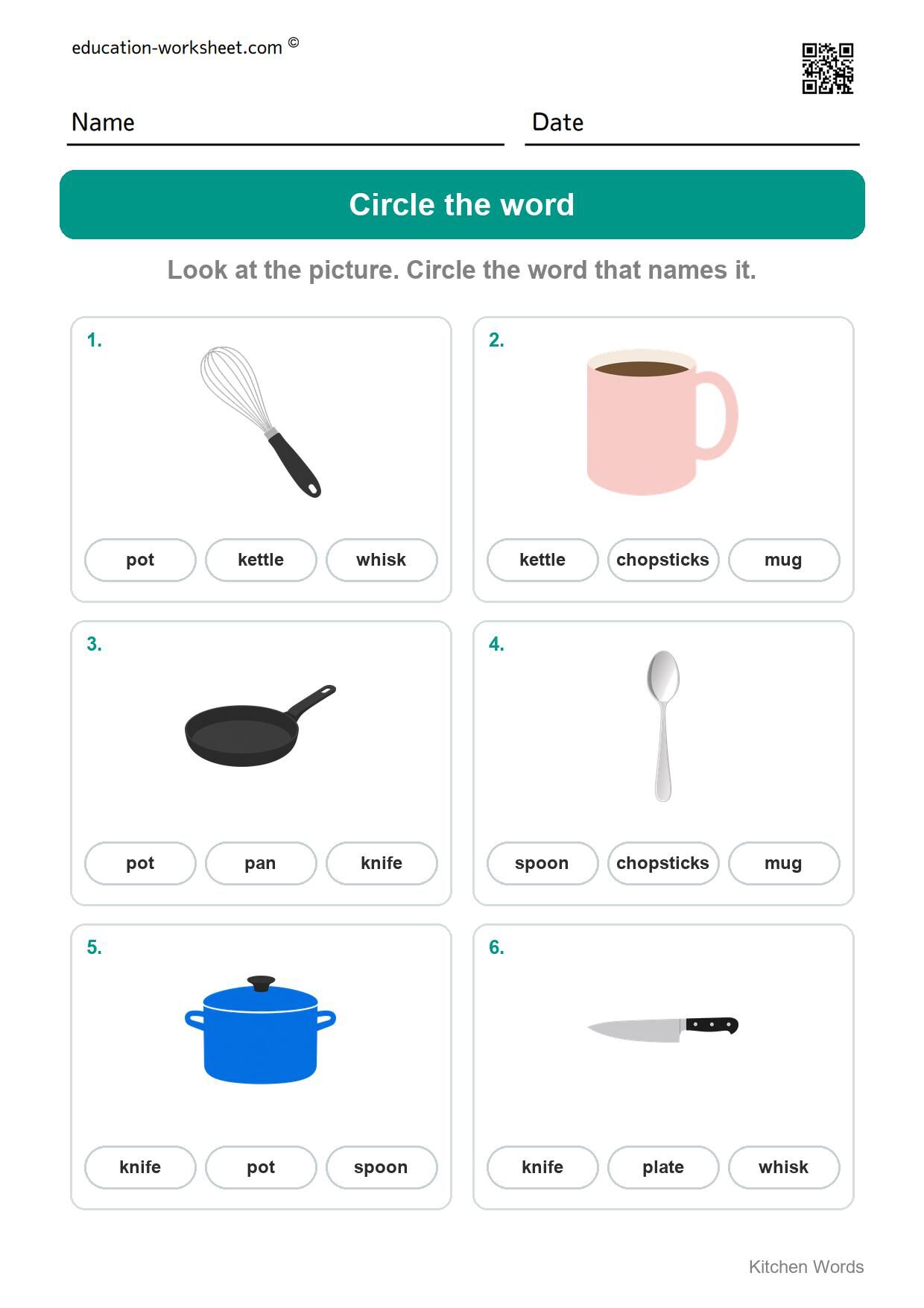 Circle the word (Set 7) - Free Kitchen Words Worksheets for Kindergarten - Read and Write