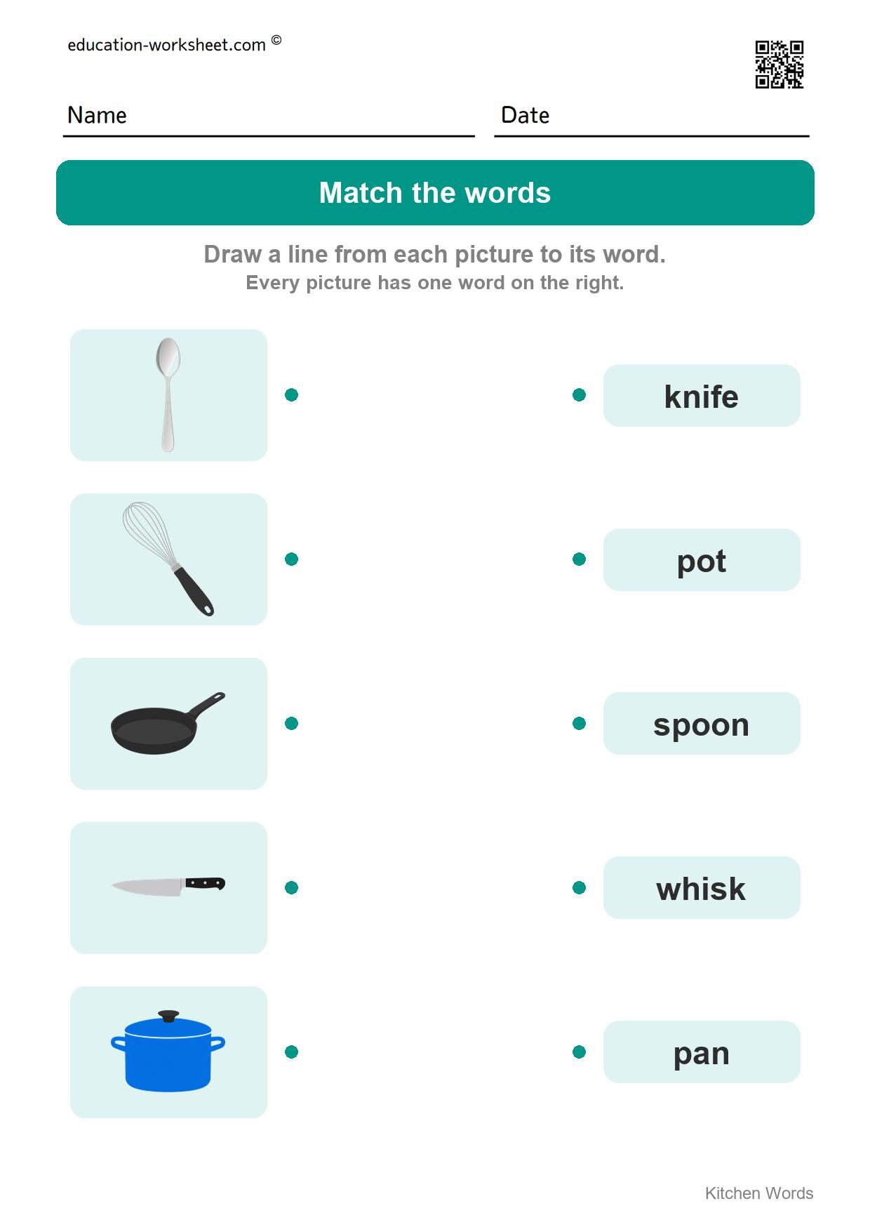 Match the words (Set 8) - Free Kitchen Words Worksheets for Kindergarten - Read and Write