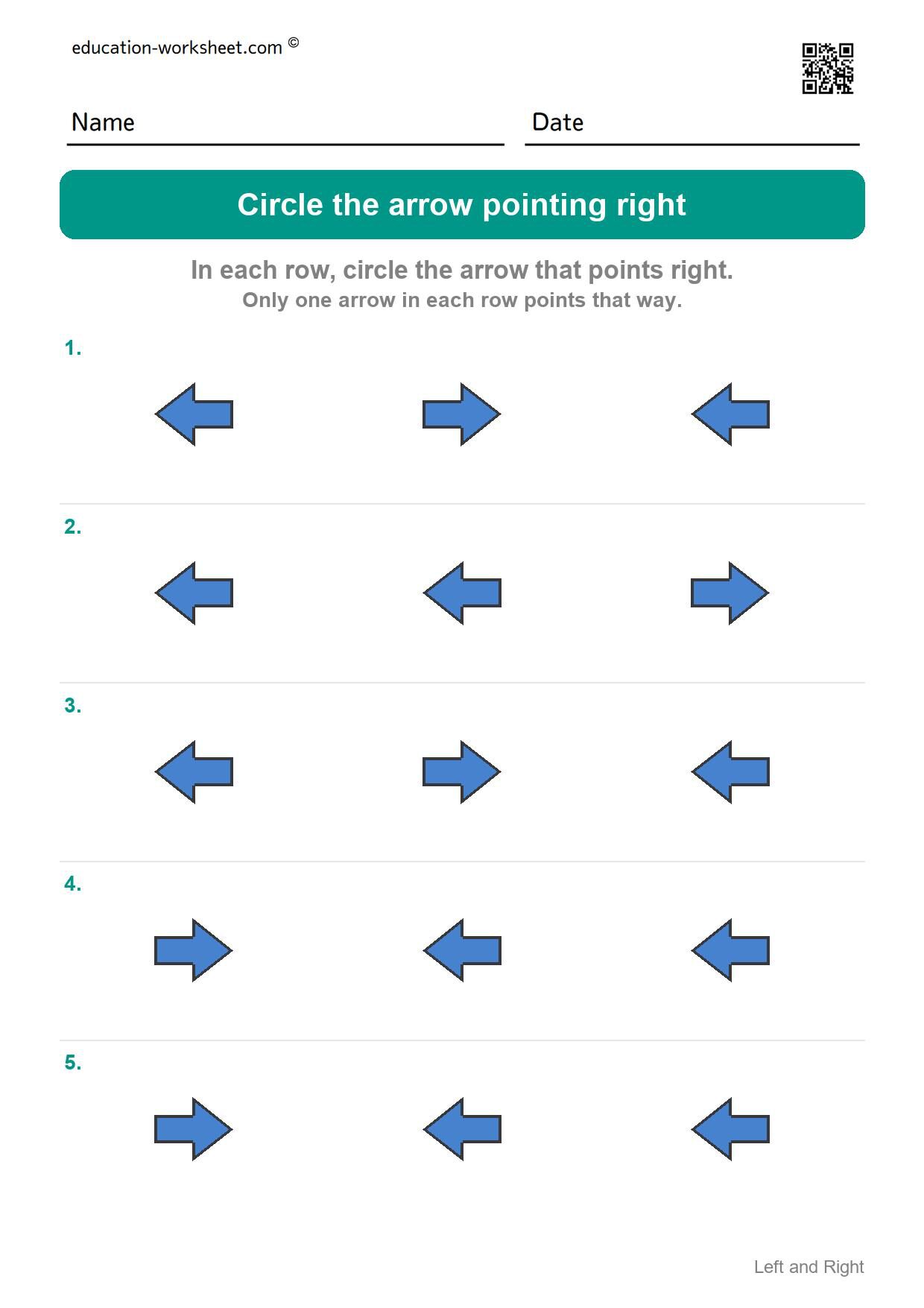 Circle the arrow pointing right (Set 2) - Free Left and Right Worksheets for Kindergarten - Which Side