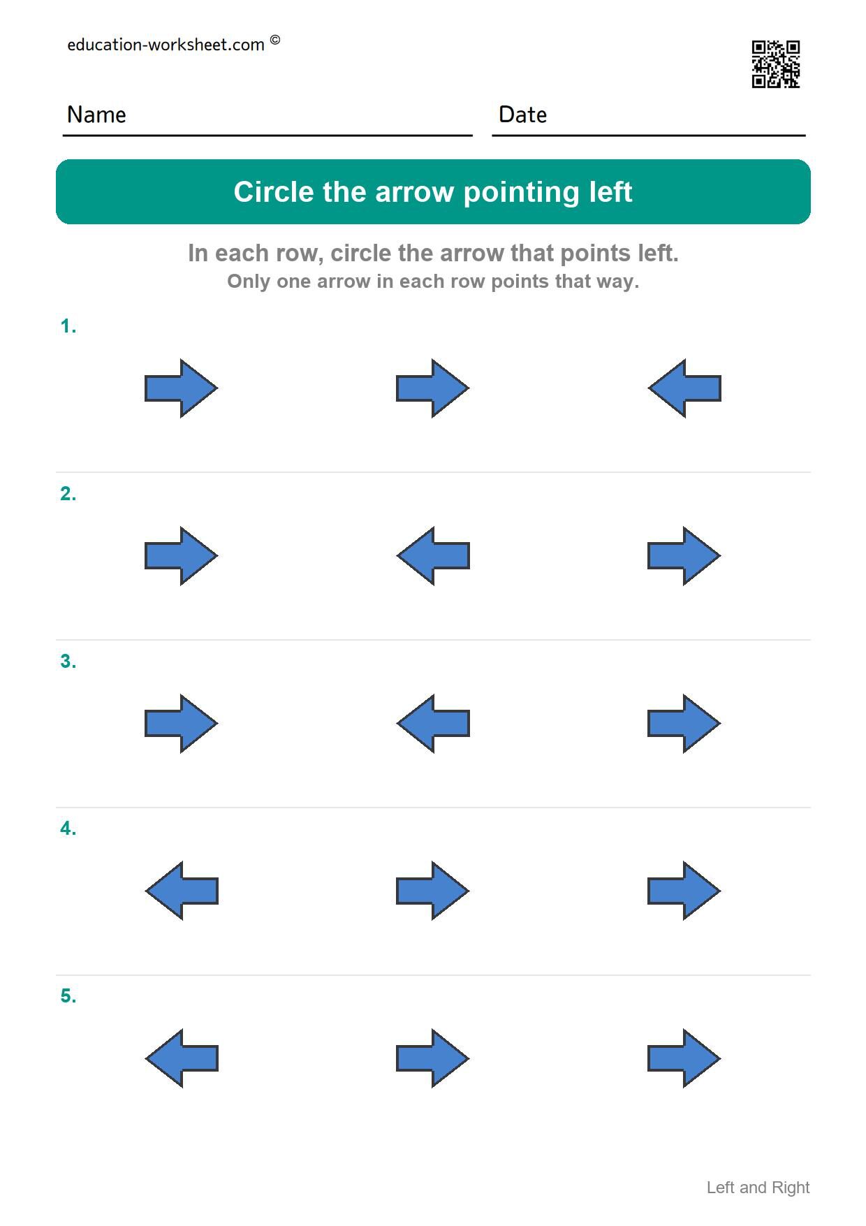 Circle the arrow pointing left (Set 5) - Free Left and Right Worksheets for Kindergarten - Which Side