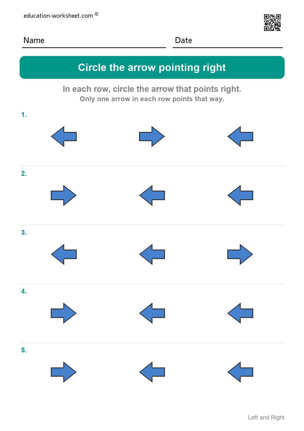 Circle the arrow pointing right (Set 8) - Free Left and Right Worksheets for Kindergarten - Which Side